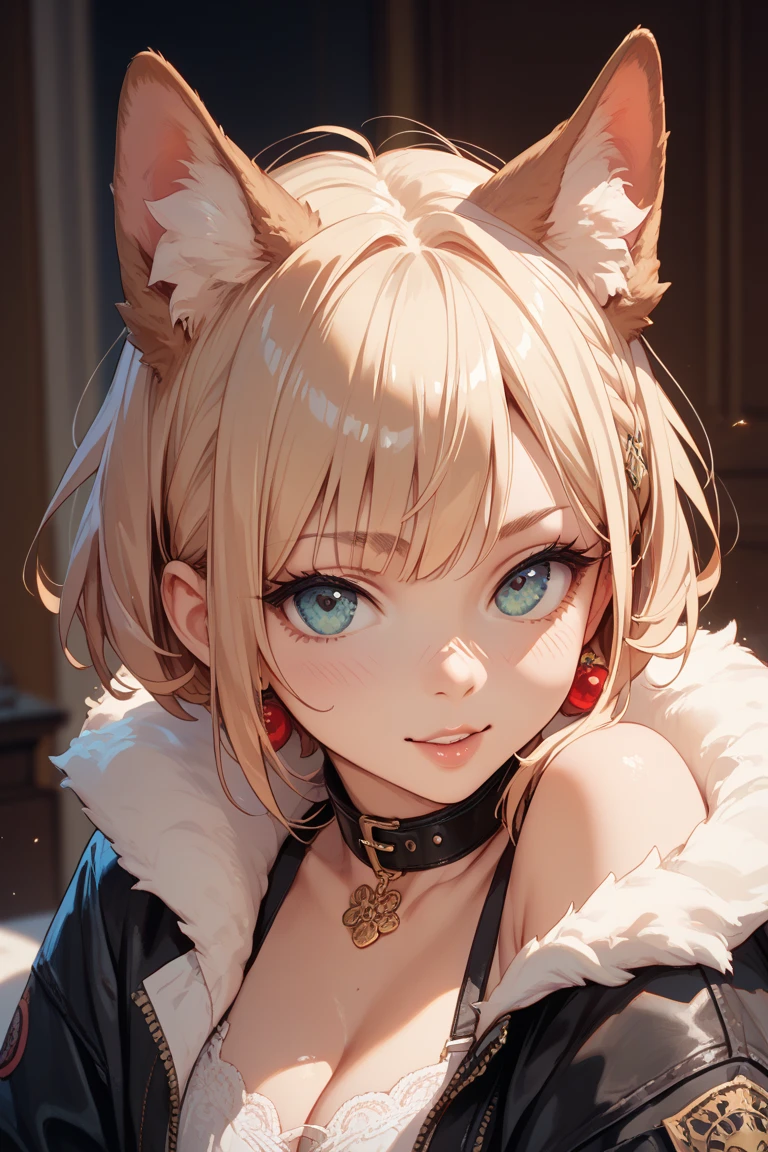 8k, masterpiece, 1girl, full body shot,Half Beast Half Man、(Tiger fur from the neck down:1.6)、The body shape is human、 beautiful villains, looking at viewer, A look at the person you love、hold out both hands, incoming kiss, dynamic angle , dynamic pose, bewitching, super cute, pale skin, detailed skin texture, healthy, heart shaped pupils, smiling full of confidence,caring smile , odd eyes, dazzling blonde hair, (opened mouth , cute fang :1.5), (sparkling crystal horns on her head:1.5), ( tattoo on face:1.3) , medium large breast, wearing gorgeous costume of dark image, glossy jewelies on it, ( sparkling aura:1.6), night on a street
