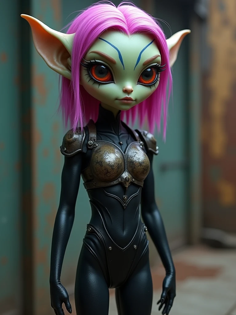 My character Symphony, an extraterrestrial with a humanoid female appearance, with insectoid characteristics, molluscs and biomechanics, Her hair is long and grey, Her skin is white with a pale greenish tone, with a purple lock, His eyes are orange with red ring-shaped pupils., with black sclera, She is wearing a shirt that does not cover her arms and abdomen., Shorts.