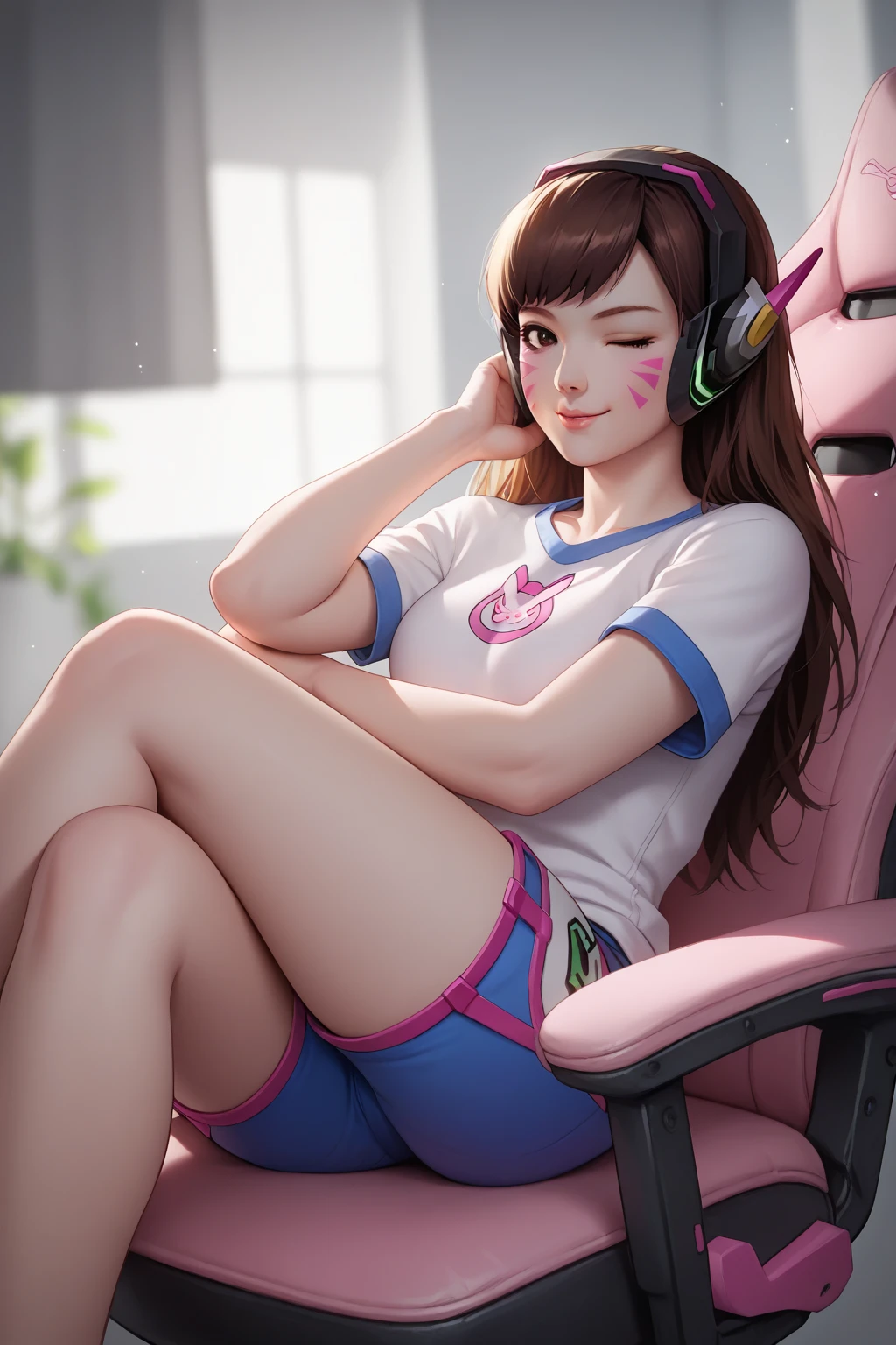 Masterpiece, Best Quality, High Resolution, 1Girl, Ultra High Resolution, Solo D.VA, Headphones, Pink eyes, Brown Hair, White Gloves, Face Decoration, Full Body Shot, Cute, Realistic, Cute Pose, Perfect Body, Cyber Punk background, wet street, Crop Top Hoodie, Latex Short Shorts