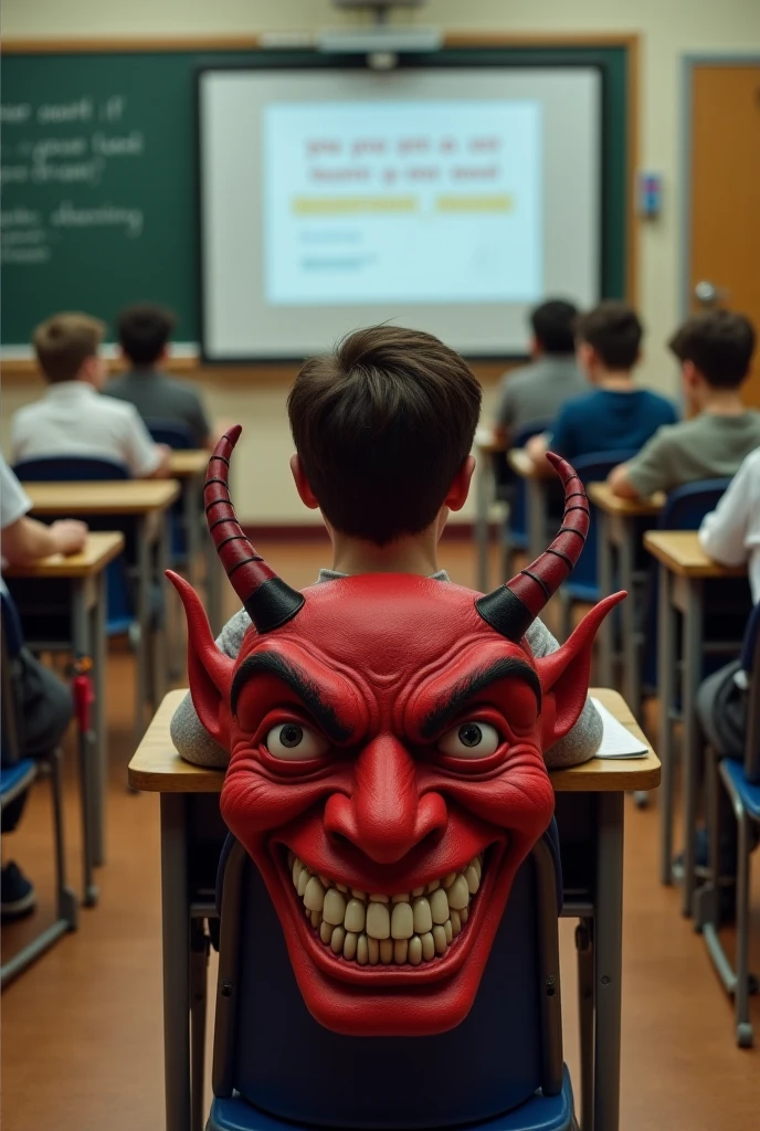 little boy teen,Wearing red monster mask,holding a magnifying glass,Stick out your tongue,Study something