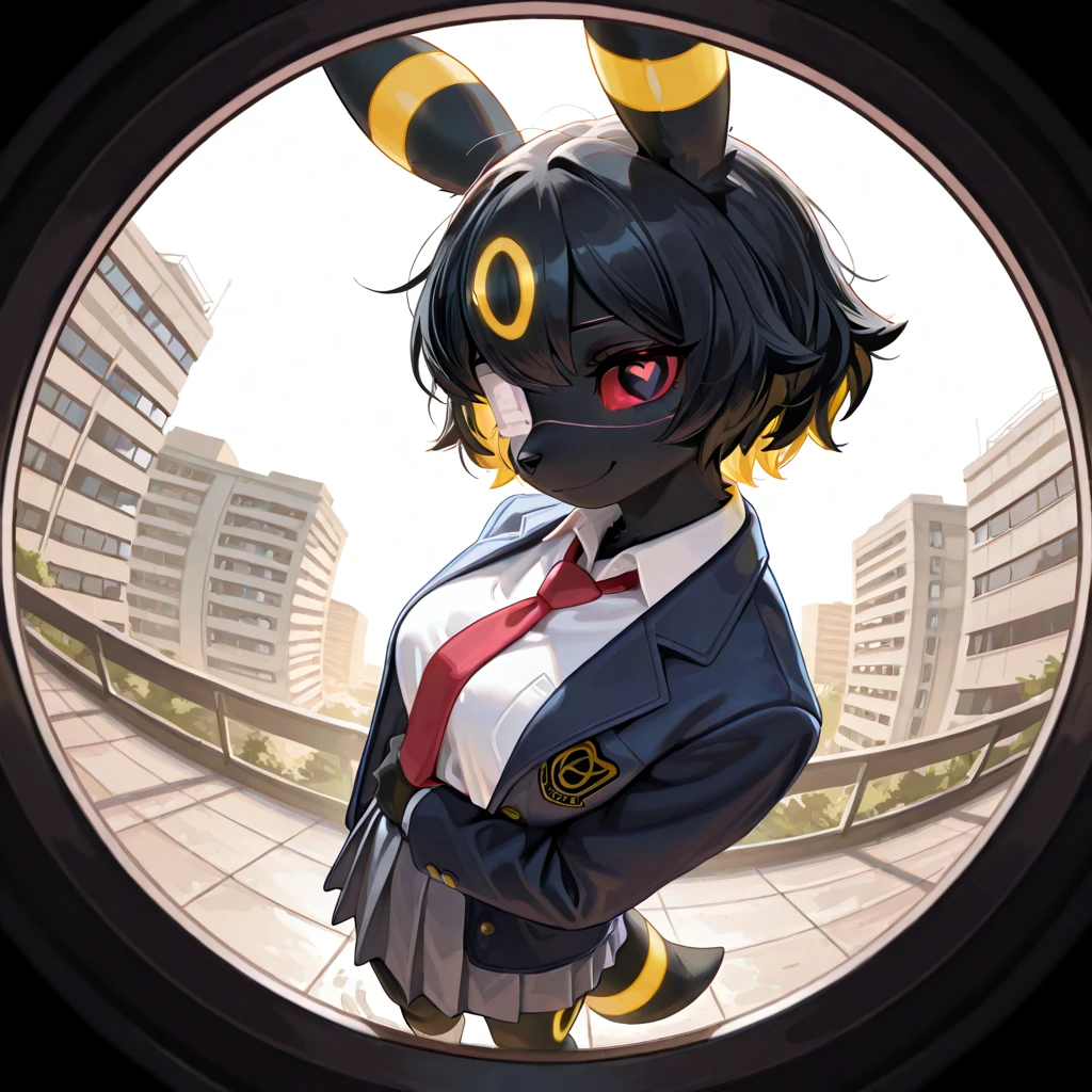 masterpiece, best quality, amazing quality, very aesthetic, high resolution, ultra-detailed, absurdres, newest, scenery, no lineart, cinematic, dynamic angle, solo, ambient lighting, Very shy expression, 1girl, anthro, furry, fur, fluffy fur, umbreon girl, black hair (yellow highlights), short hair, messy hair, 19-year-old girl, black eyes, red sclera, hips, medium breasts, thighs, outdoors, apartment buildings, school uniform, collared shirt, necktie, jacket, open jacket, long sleeves, pleated skirt, loafers, socks, monitoring, (right eye focus):1.2, eyepatch, (psychedelic):1.2, heart-shaped pupils, smile, colors, fisheye, pov peephole, medical eyepatch, eyeball, from side, looking at viewer