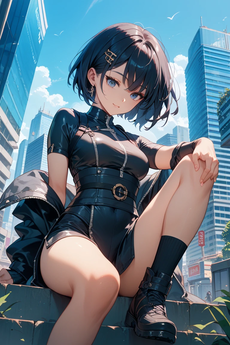 Ninjas are... cool and... fast.!God quality, anime moe artstyle,best anime 8k konachan wallpaper,badass anime 8k,perfect anatomy, (Please draw a picture of a ninja girl looking down on the city from the rooftop.)from diagonally above,dutch angle,break, 1girl is ninja, (Solo,Loli,child,13-year-old:1.3), androgynous charm, (Very Short hair), blunt bangs, Full limbs, complete fingers,flat chest, Small butt, groin, Small eyes,finely 8k detailed beautiful black eyes, stand on the skyscraper rooftop. break,Sasasasa...。ultra-detailed,high resolution,super detailed skin, professional lighting, (cool illustration:1.2),