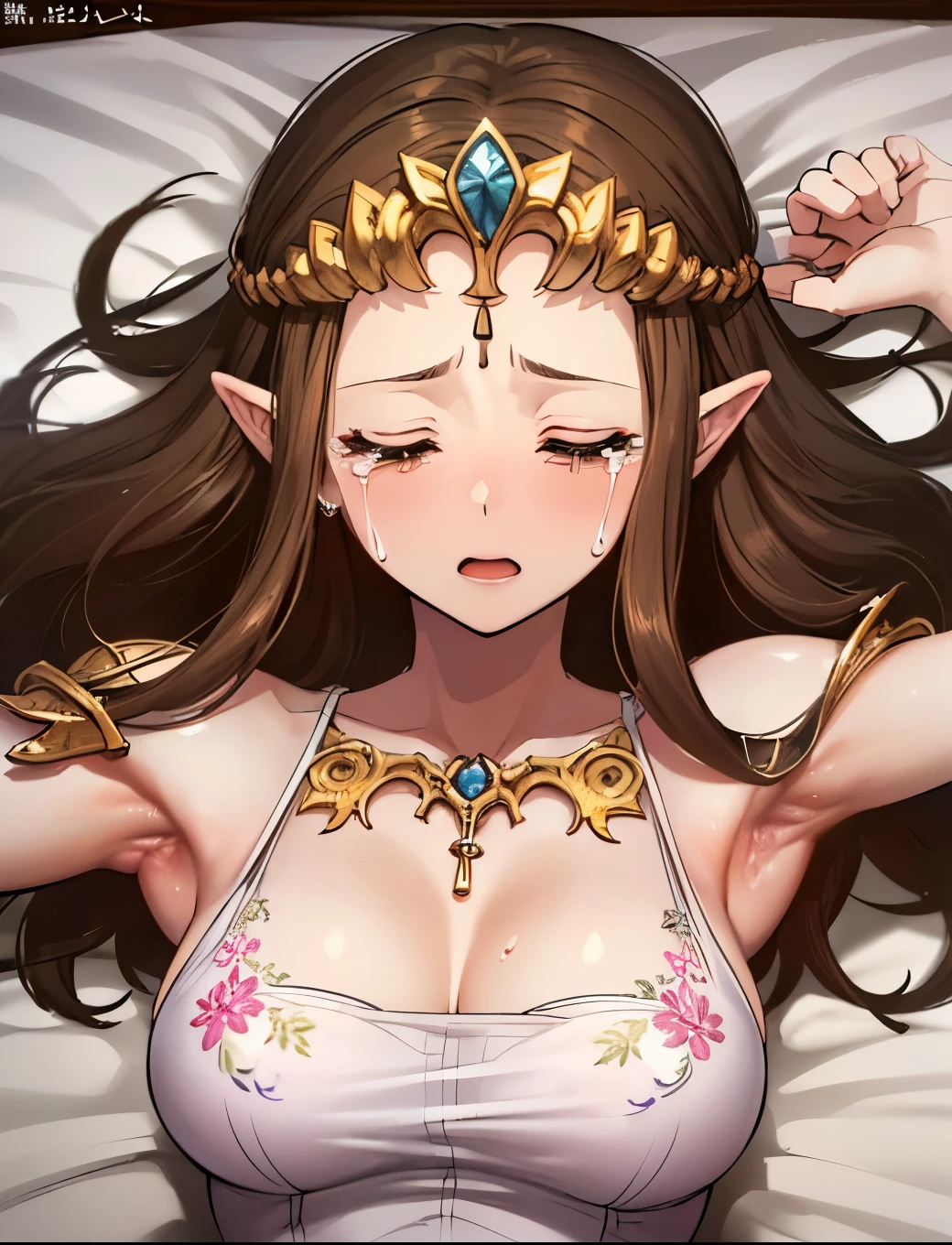 ((POV)),((((Adult expression)))),((((Beautiful Face)))),((((dress)))),((smile)),(((Long Hair)))),(()),((((Show your armpits)))),Princess Zelda, ((highest quality)),,(Very detailed) ,((White Bikini)),((Put your arms behind your back)),Brown Hair,((Embarrassed look)),Blushing, ((highest quality)), (Very detailed),((Details)),(((pray))),Nintendo, The Legend of Zelda),crying face,Blushing,((alone)), ((highest quality)), (Very detailed), ,