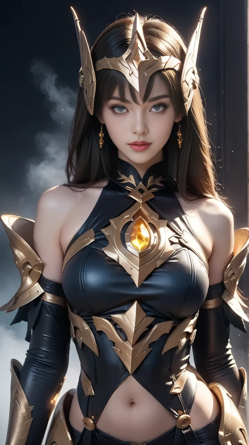 There is an adult European woman , Saint Seiya , Penguin Armor, Dark hair, red lips, Eye shadow, natural makeup, long curved hait, beautiful chest, Second Life Avatar, Beautiful screenshot, Second Life, attractive woman, high quality, highly detailed skin, dynamic pose
