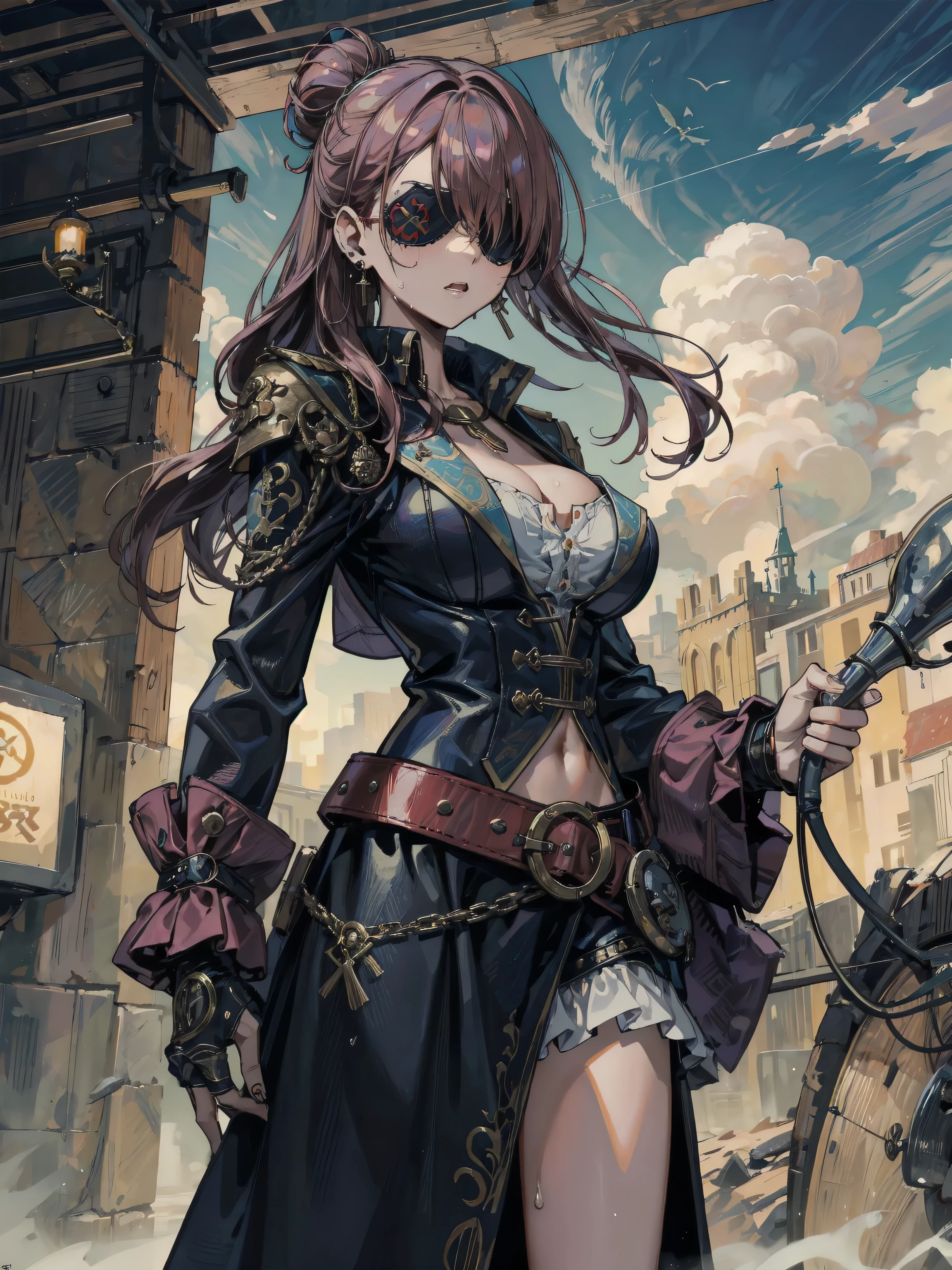 best quality, masterpiece, dark_red_and_fuchsia_hair, steampunk_dark_gloggles, imperial_steampunk_princess, looking_up, upper_body, hair_strand, tanned_skin, short_hair, fantasy_steampunk_spear_in_one_hand, arrogant_smile, steampunk_palace, purple_sparkle_eyes