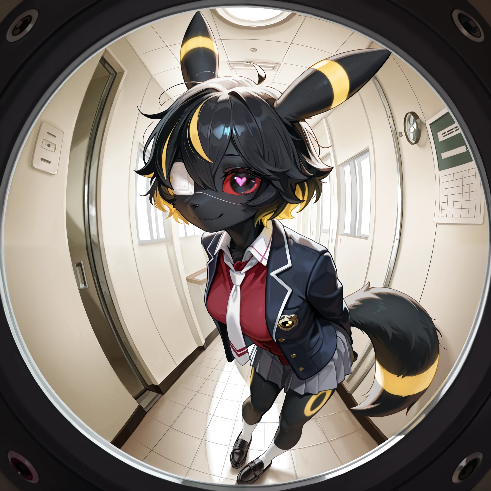 masterpiece, best quality, amazing quality, very aesthetic, high resolution, ultra-detailed, absurdres, newest, scenery, no lineart, cinematic, dynamic angle, solo, ambient lighting, 1girl, anthro, furry, fur, fluffy fur, umbreon girl, black hair (yellow highlights), short hair, messy hair, 19-year-old girl, black eyes, red sclera, hips, medium breasts, thighs, (apartment hallway), detailed, [monitoring, (right eye focus):1.2, eyepatch, (psychedelic):1.2, heart-shaped pupils, smile, colors, fisheye, pov peephole, medical eyepatch, eyeball, from side, looking at viewer], school uniform, collared shirt, necktie, jacket, open jacket, long sleeves, pleated skirt, loafers, socks