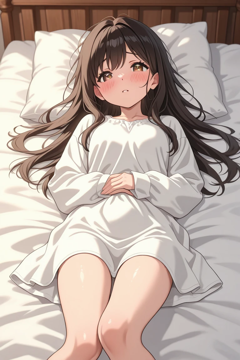 Anime. 1 woman. Young woman. 35 years. Sick. Lying in bed. Full height. Full body. Salts flow from the nose. Compress on the forehead. thermometer under my arm. Sweat. I peed myself. I crap myself with diarrhea.