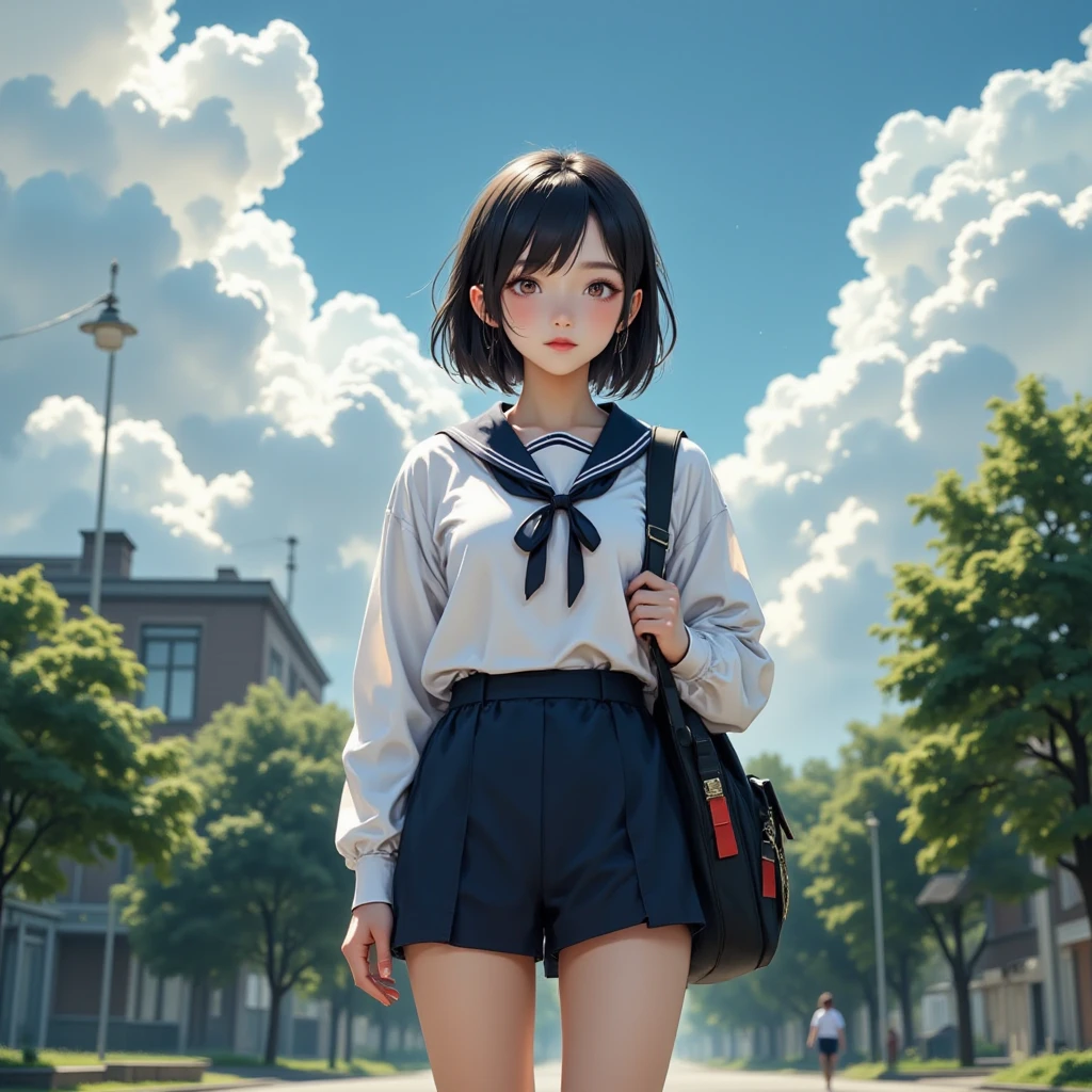 Pick and dye short hair，cute female child，Wear a short skirt，Enjoy an afternoon by the sea，The sky is covered with clouds。Sci-fi elements are intertwined。
