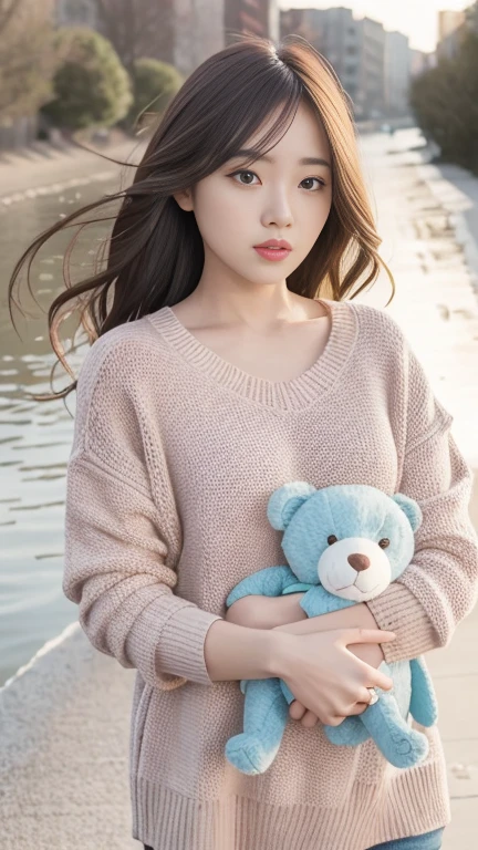 1girl walking on the river, mix4, sweater, pillow, lips, open_mouth, realistic, photo_\(medium\), solo, stuffed_animal, stuffed_toy, teddy_bear,(masterpiece),(photorealistic:1.3), ultra-detailed, (high detailed skin:1.2),(best quality:1.0), (ultra highres:1.0), (ulzzang-6500:0.3), wavy detailed hair, long hair, sunshine, (beautiful detailed makeup), (sexually aroused blushing heavy breathing:1.0), floral theme flower petals scattered, (soft glow bloom:0.5)