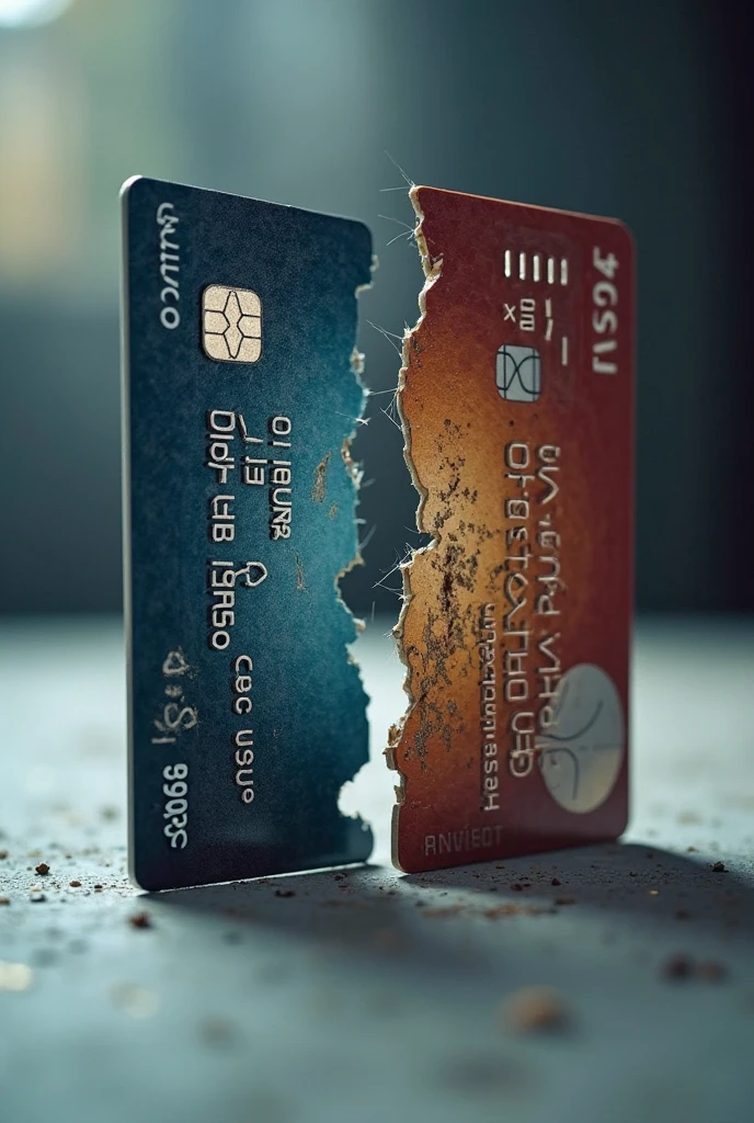 realistic style macro photo,Half-cut credit card and overdue payment notification side by side,Credit card cross section clearly visible,Light with dramatic tension。