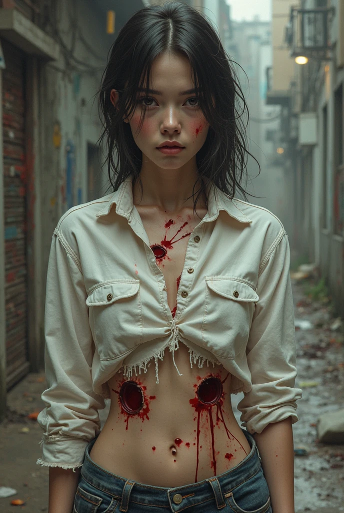 Short white t-shirt, Smeared with blood, Small  underneath a mini t-shirt, blood dripping down, zombies chasing her, zombies running after her, face smeared with blood, blood on her clothes, Small  in a torn blood stained white blouse, blood-stained clothes, torn and dirty mini skirt, blood-stained mini skirt,  blood on her bodySmeared with blood, blood dripping down, zombies chasing her, zombies running after her, face smeared with blood, blood on her clothes, blood on her body, arafed American woman posing for a picture, beautiful American woman, korean girl, beautiful young american woman, American woman, American women's fashion model, sexy look, Small breast, cabelos longos, sexy pose, show breast. Dark background, dark and rainy street the blurred night, blurred street in the background, night, dark night, City in dog, streets in dog, rubble, smoke, destructionCity in dog, streets in dog, rubble, smoke, destruction, rainy night, shadows, dark alley, dawn, zombie apocalypse, zombie killer, zombies, undead, Zombie horde, monsters, movie style: RESIDENT EVIL. (Perfect skin, without blemishes or marks).  ((best quality, 8k, masterpiece: 1.3)), focus: 1.2, perfect figure beautiful woman: 1.4, perfect breasts: 1.2, ((layered haircut, beautiful breasts: 1.2)), (real clothing textures: 1.1), (smooth Posture), clothing: 1.1, Highly detailed facial and skin texture, A detailed eye, double eyelid, brighten skin, real hair, “Visualize a character who radiates an aura of mystery and fascination.  Her skin is so realistic that every texture and hue seems to pop out of the image, reflecting light and shadow perfectly.  Skin should display subtle nuances of color, from the warm tones of natural blush to the cool shadows under the eyes, capturing the complexity and beauty of human skin in all its vivid detail.  (Dark style with horror, cinematic effect in Zombie Apocalypse style).