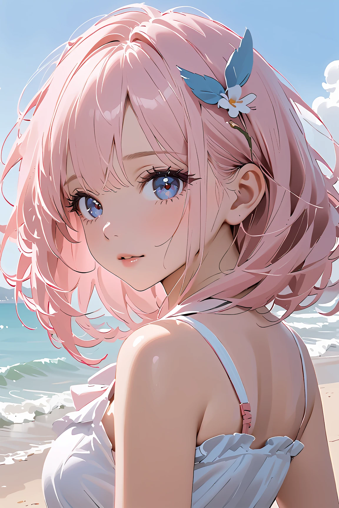 Pink haired girl drawn in high resolution Japanese anime style、whole body、Women in white bikinis taking photos on a deserted beach, model bikini, , Young and cute gravure idol, Posing together in bras, Russian and Japanese mix, sakimichan, Asian woman, Wear a swimsuit, that'that'that'that'that'that'that'that'that'that'that'that'that'that'that'that'that'that'that'that'that'It's hot with the shining sun, Japanese Model, Cute Core, sakimichan hdri, Young Gravure Idol, Chubby