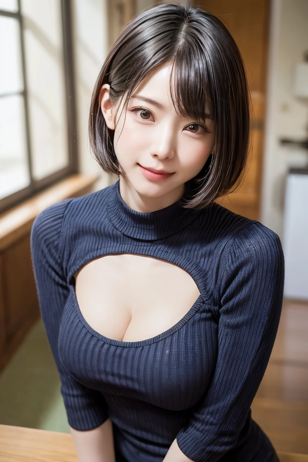 (dessus de la table, superior quality、very detailed:1.4、Very attractive adult beauty:1.4、Ajoutez des reflets intenses aux yeux、Look firmly at the camera:1.4、Belle femme pleine de charme adulte:1.4、Ideal Body Proportions:1.4、anatomie parfaite:1.4、brune cheveux courts、Des cheveux brillants、lip gloss),1 fille dans, solo, Light brown and shiny hair, silencieux,Realistic, en regardant les téléspectateurs、Tilt your head slightly, Yeux bleu clair en cristal de couleur vive, cheveux courts et brillants、 White turtleneck outfit with a hole in the center of the chest,Sexy white turtleneck knitted sweater with a round hole in the middle of the chest、 Les levres, lip gloss,frange, The upper part of the body、Big eye、Cils、Le visage est un peu rouge、Embarrassant)、((Road system in Italy in winter))、((Cheveux courts avec une frange、Big eye、Mettez des points forts très forts chez vos élèves、{gigantesque|grand|Huge|mega} seins:3.4、very grandger seins:3.4、regarder le spectateur、Very beautiful beauty、Bougez vos oreilles、Long cou、petit sourire、De belles dents:1.4、ouvre la bouche et souris:1.4、pupille en forme de coeur))、28 very cute anannequin、