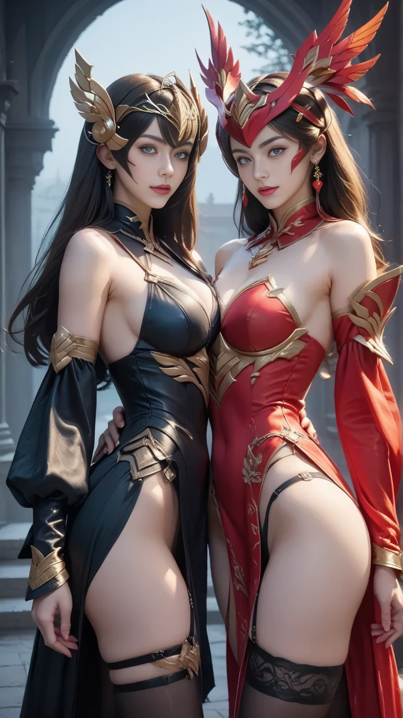 2girl, 2 girl, waist up, concept art, [shu qi:ancient queen:1], grabbing vagina, masturbating touching her breast naked her vagina no panties, Ruff, Anklet, Makeup, loop lighting, 80mm, official art, unity 8k wallpaper, ultra detailed, aesthetic, masterpiece, best quality, photorealistic
