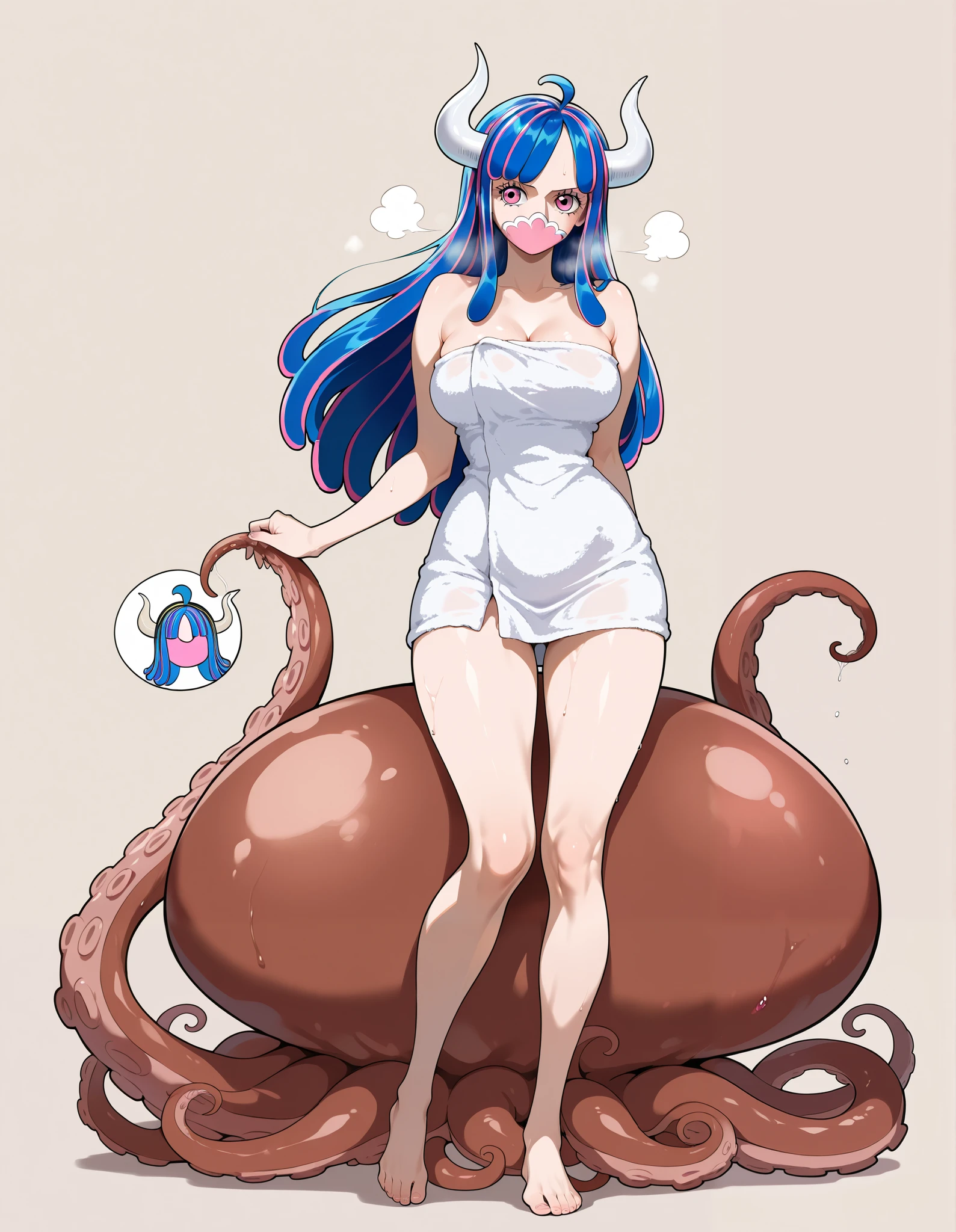 sscore_9, score_8_up, score_7_up, source_pony, masterpiece, best quality, amazing quality, BREAK 1girl, (Ulti, one piece, pink eyes, blue hair, no mouth, white horn), full body, white towel, very happy smile, close up shot, simple background, medium size , golden ratio face, lesbian, sexy pose, breathing effect, breathing heavily, BREAK 1 Octopus, Behind the woman, Giant Octopus, tentacles, rape, onsen background,