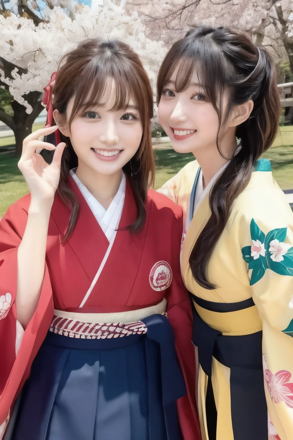 masterpiece,best quality, ultra highres,8k,16k,delicate photography, sharp line, sharp focus, (perfect anatomy:1.5), RAW photo, resolution,realistic,ultra detailed,sharp focus,RAW photo,白,蒼,黒,UHD,
BREAK,
beautiful Japanese girl,large breasts,Long eyelashes,
hakama girls,
Japanese beautiful female university students wearing vibrant, colorful hakama at their graduation ceremony. They are taking a selfie together, smiling happily. Their hair is styled in ponytails. The background is a springtime scene with cherry blossoms in full bloom, and petals gently falling in the breeze,
BREAK,
1girl,MarinGyaru,KAREN,hakama skirt,momo,