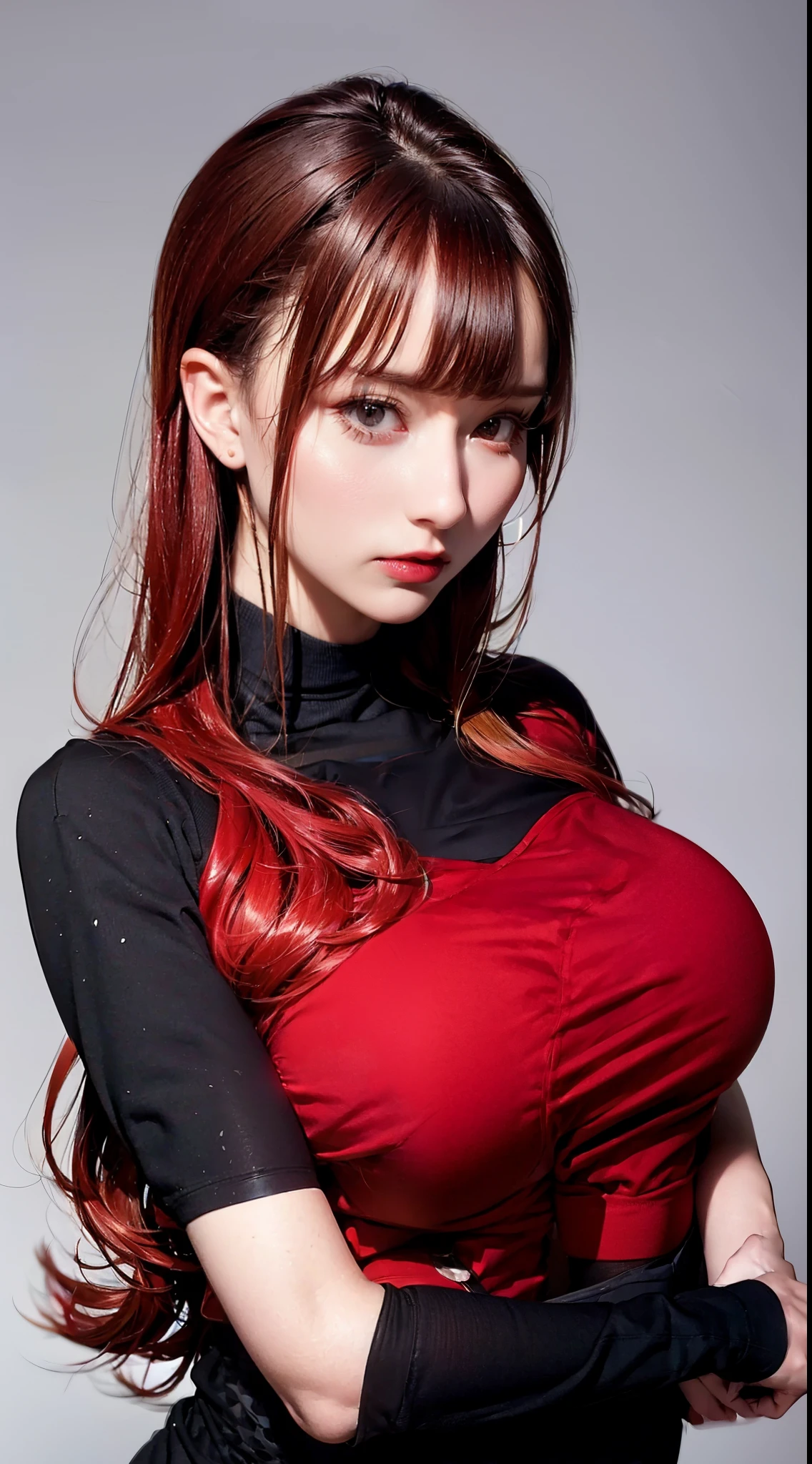 1 girl, mature, redhead, Red Eyes, Big Breasts:1, simple background、On the verge of explosion Big Breasts、(Big Breasts:2.0),((Upper Body))
