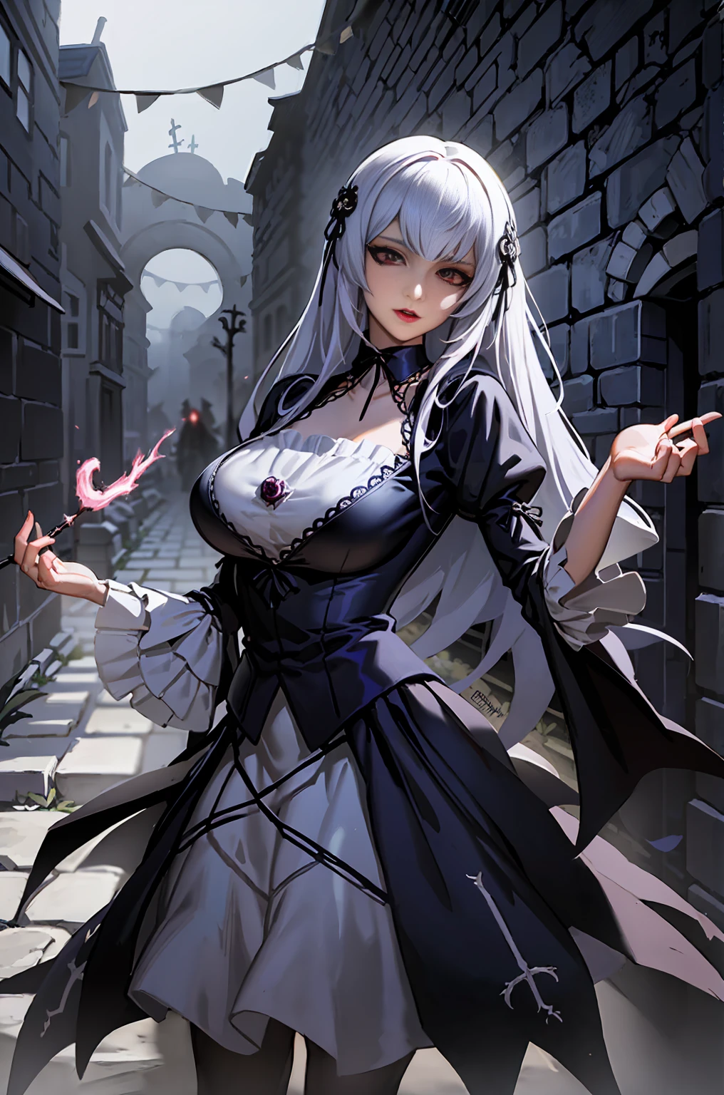Dirty street of poor district there stend wolf girl, she have beautiful face with saphire blue eyes, old scar under left eye, dirty long silver hair,she dressed in old dirty slave rags, there's blood on her hands with long sharp claws, there is chains slave chains on her hands, she have seductive face expression and some blood spots (ultra high quality fantasy art, dark fantasy style, masterpiece, ultra high quality character design, 8k quality anime art, realistic anime art, top quality wallpaper illustration, detailed ultra high quality accurate face, high quality design and accurate physic)
