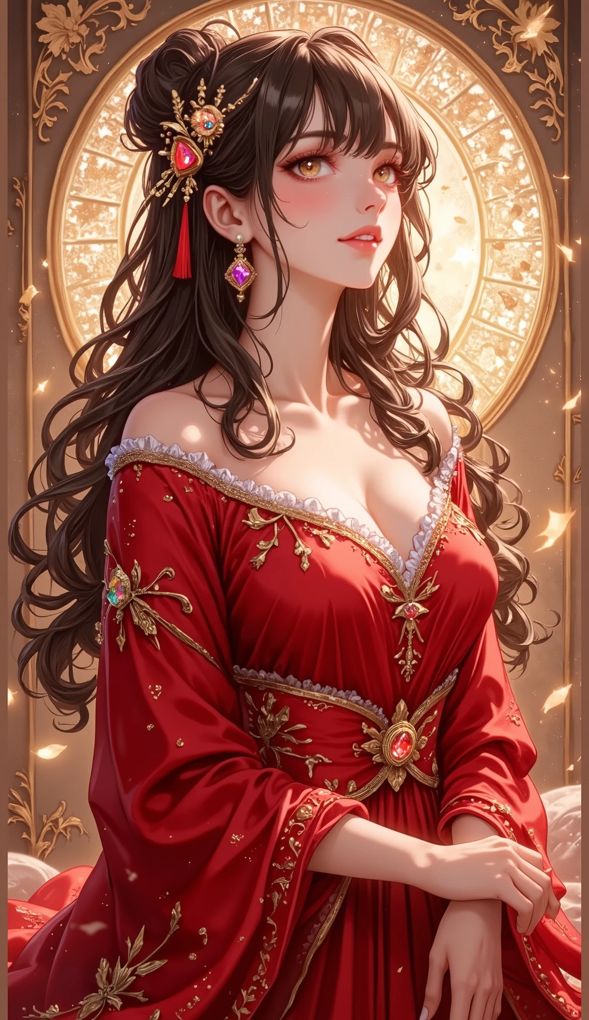 ((top quality)),( super high resolution ),(very well detailed),(Detailed Explanation),(( best CG )),(masterpiece),super detailed art,Amazing Painting Art,(art with delicate details:1.5), woman, noble, beautiful and well-groomed face, gentle gaze, gorgeous crimson dress, deep cleavage, slim body, wave long hair, belly button, gem, gold belt, ruffle skirt, see-through,