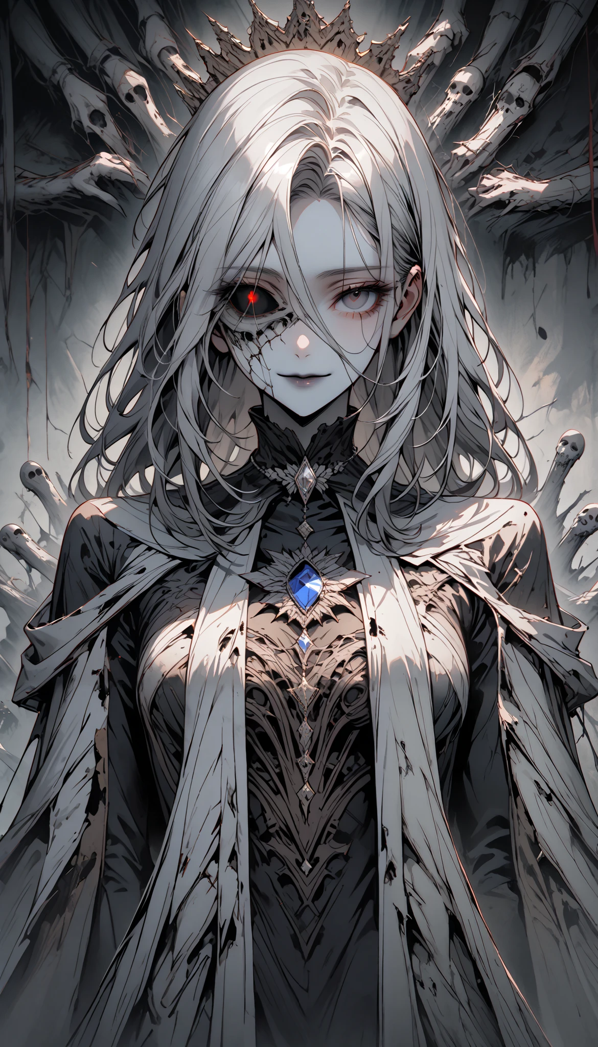 alone, woman, Gray Skin , with long gray hair, silver brooch, Dry body:1.2, hollow eye sockets , blindness, Decaying Corpses , gentle smile, Face, poster girl pose, wearing a worn royal robe, Elegant, close up, crypto , Dark