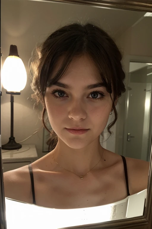 Photo oF a 15 year-old American girl, .crudo, beautiFul woman, (Long brown hair with ponytail.), light brown hair ponytail hairstyle((retrato)), ((Cara detallada:1.2)), ((Detailed Facial Features)), (Piel Finamente detallada), pale skin , ojos azules , Small nose , 、un sexy(cold color), wet, wet, ReFlectoreasutepiece) (proporciones perFectaotos realistas)(La mejor calidad) (Detallado) FotograFiado con una EOS R5 de Canon, lente de 50 mm, F/2.8, NFFSW, (8k) (papel tapiz) (cinematic lighting) (dramatic lighting) (sharp Focus) (Enrevesado) senos grandes , pechos grandes , pecas en mejillas y nariz , cuerpo completo , hermoso cuerpo de adolesente , posando sexy a la camara , posando de Frente para la camara ,lindo maquillaje , gran sonrisa ,sala de estar , vestido de noche