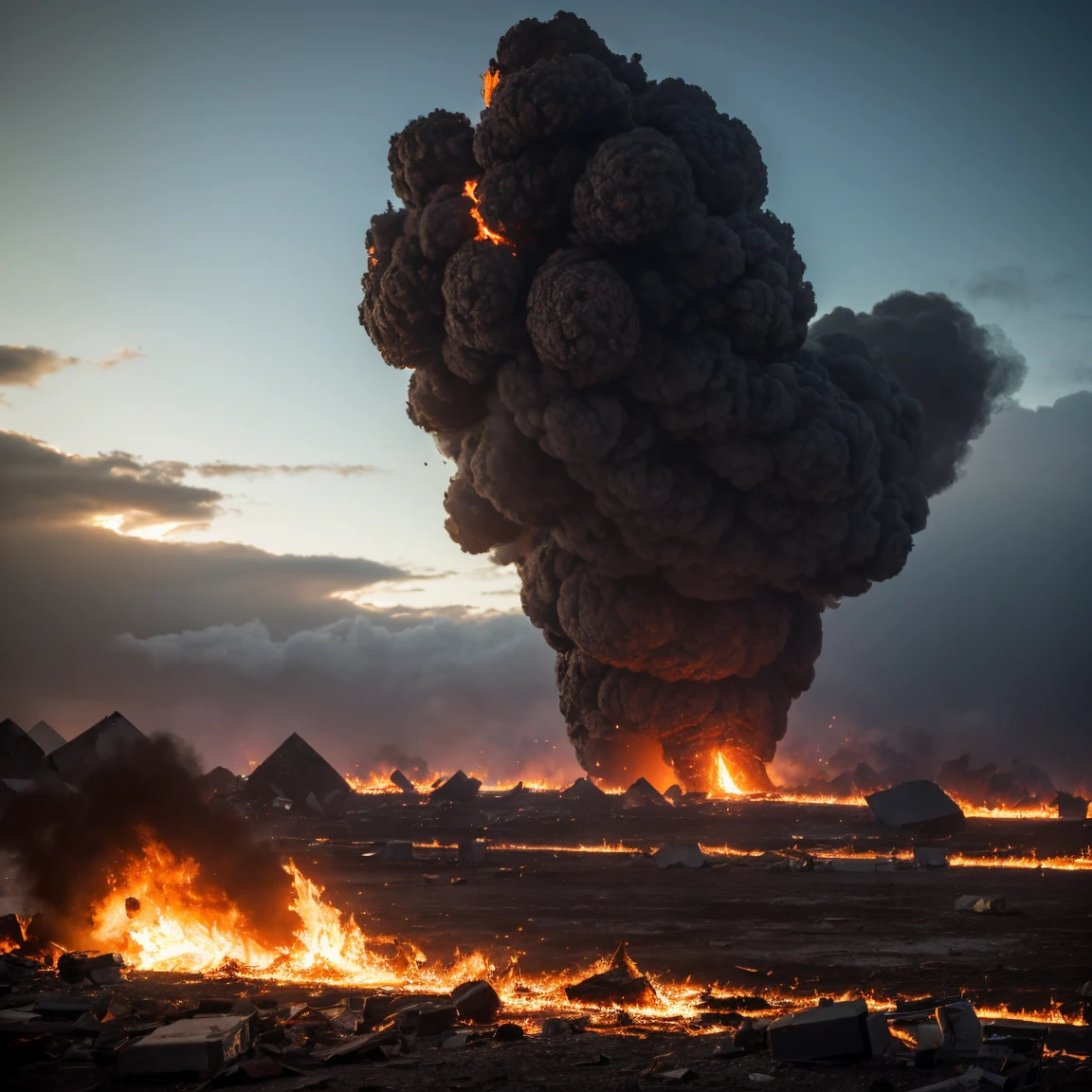 (melhor qualidade,ultra-detalhado,Realistic:1.37),O asteroide que atinge a Terra,devastation,widespread destruction,smoke and fire,onda de choque ondulante, massive bombardment, Crumbling buildings,queda de detritos,Chaos and panic,atmosfera surreal,twilight lighting,Epic disaster,pessoas fugindo aterrorizadas,apocalyptic scenery,caos generalizado,paisagem urbana arruinada,nuvens escuras se aproximando,Explosion and flames,Massive impact crater,Soil agitation,rochas fundidas,Detritos voadores,emocionalmente carregado,Desperate survival,Ominous sky,ruas abandonadas,destroyed vehicles,Overwhelming sense of destruction,post apocalyptic landscape,cenas comoventes,Devastating consequences,Dilapidated city,terrenos baldios desolados,Overcast sky,desespero e perda,infraestrutura danificada,Breathtaking destruction,Unimaginable catastrophe,sombrio e sombrio,Scorching fire,futuro incerto.