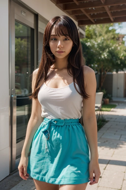 High quality, super high resolution (realism: 1.4), 1 girl, hairpin, light white women's shirt, outdoor, sexy, lace, full body shot, smile, big boobs, translucent clothes, no jacket, looking straight into the camera