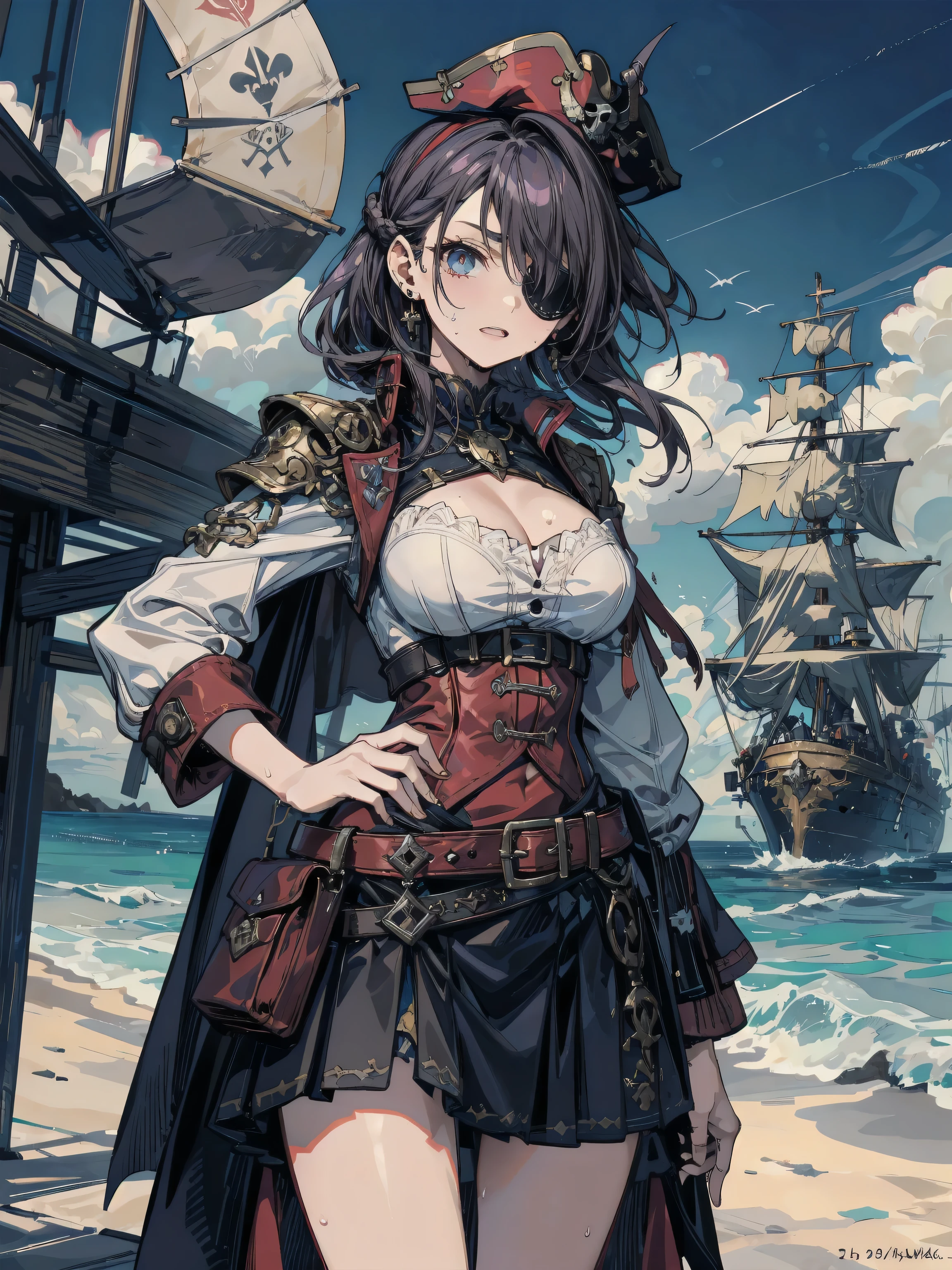 absurdres, RAW photo, extremely delicate and beautiful, masterpiece, Best Quality, ultra high resolution, 32k, hyperrealistic, ultra-detailed, delicate facial features, beautiful detailed woman, tearful mole, earring, medium breasts, full body shot, medium hair, black hair, pirate captain, intricate pirate clothing,