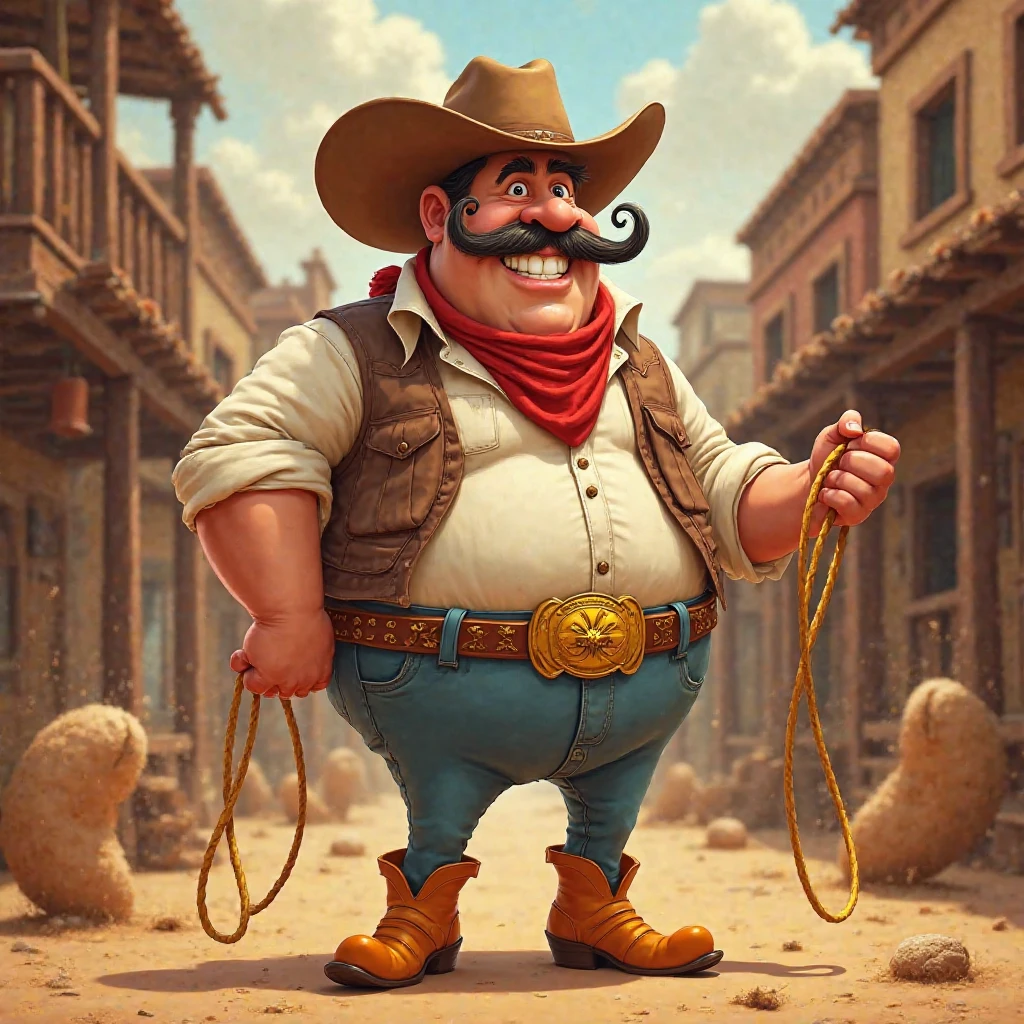 A very small fat dwarf with a short mustache, a gold chain, a cowboy hat and a red blouse showing his belly.