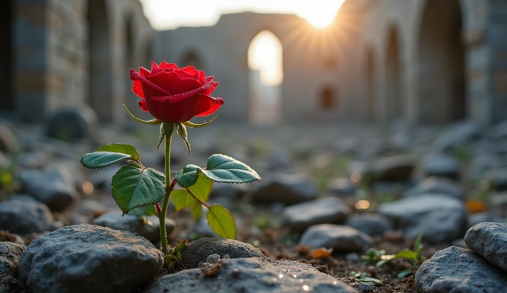 A single red rose growing amidst shattered stones and debris. The petals glisten with morning dew, symbolizing hope and resistance. The ruins fade into the background as light softly illuminates the flower.