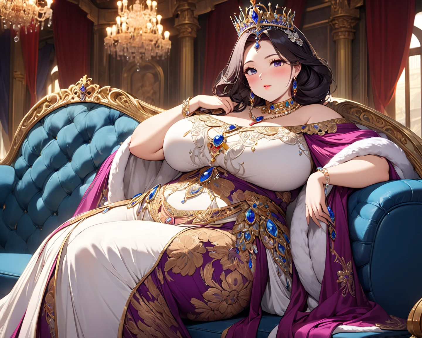 ((anime moe artstyle)),((Masterpiece)), (Best Quality), (Super Detail), Illustration, (((Very Delicate and Beautiful))),Dynamic Angle,Looking at viewer,((((Solo)))),(((Full body))),(((1 arrogant pregnant empress attending a ball wearing gorgeous black ballgown))),((((heavily pregnant)))),(standing),(((arrogant))),(((angry))),(blash),(Purple eyes),Sharp eyes,Detailed Face, Long Eyelashes,(Jet Black Hair),((Straight Hair,Very Long Hair)),((Bangs between eyes)),((((gigantic breasts,Huge breasts,Bulging breasts,Long breasts)))),cleavage,((skindentation)),curvy,See-through,(((luxurious lace and ruffled black and gold rococo ballgown adorned with abundant jewels and gorgeous embroidery))),(((voluminous black and gold rococo dress with a flared hemline))),(fluffy rococo ball gown with gorgeous embroidery and lace),((gold trim)),(((hoop skirt))),long skirt,corset,crinoline,opera gloves,Beautifully Gorgeous jeweled big tiara,Beautifully Gorgeous gem earrings,Beautifully Gorgeous jeweled necklace,Beautifully Gorgeous jeweled ornaments,indoor,light particles,((royal dance hall)),castle ball