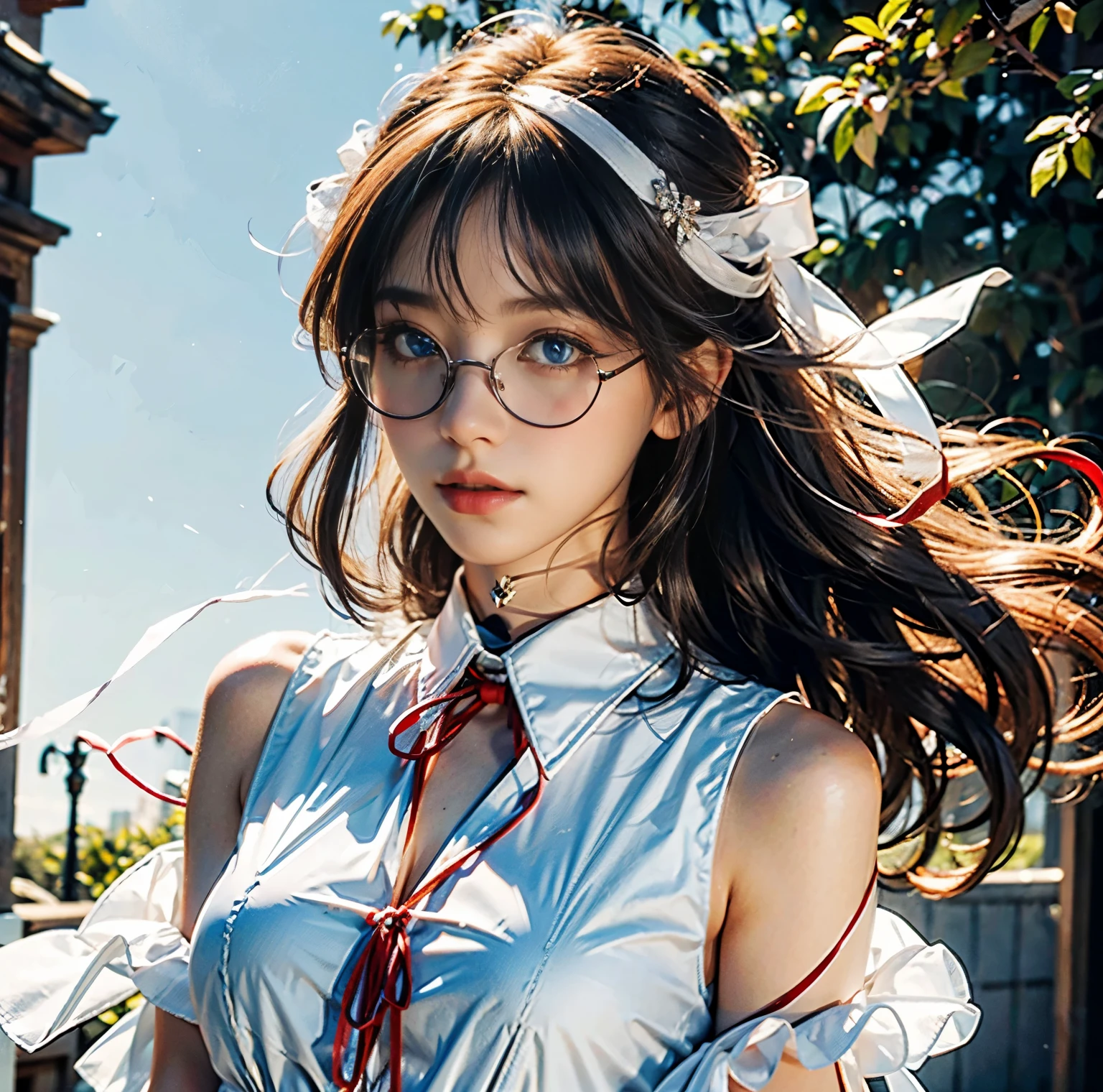 Anime girl in uniform with bow tie and glasses, oppai, Big breasts!!, with a big chest, Teasing smile, Ecchi, Ecchi style, Ecchi anime style, fluffy chest, a hyperrealistic schoolgirl, Realistic Schoolgirl, ( ( misa amane # ) ), Twin-tailed, Seductive Anime Girl, 1girl in, Floral, Lisianthus ,Light pink and light blue styles, dreamy and romantic compositions, Light pink, Intangible documents, Fun arrangement, Fantasy, High contrast, Ink strokes, explosions, Overtouch, Purple and red tone impression , Abstract, negative space,