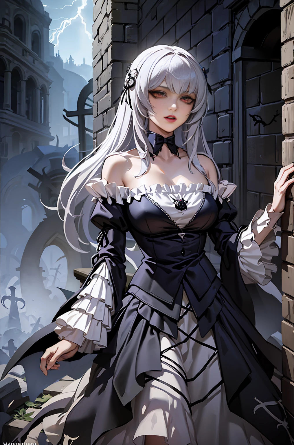 (masterpiece,Highest quality), solo,A white-haired woman is holding a candle,Anime Skull Woman Portrait,Beautiful Necromancer girl,Beautiful girl necromancer,,Smokey, Flowing white hair,Critical Eyes,Pale skin,Black eyeshadow,Black blood and tears,Two fangs exposed,Gothic Girl Anime Characters,Beautiful Necromancer,gothic fantasy art,Dark fantasy art, White-haired God,Retrato de um Female Necromancer,Female Necromancer,Goddess of Death,Dark atmosphere lighting,The light shines,Mysteriouagic,Edge Light, (Blood splatter:1.5)