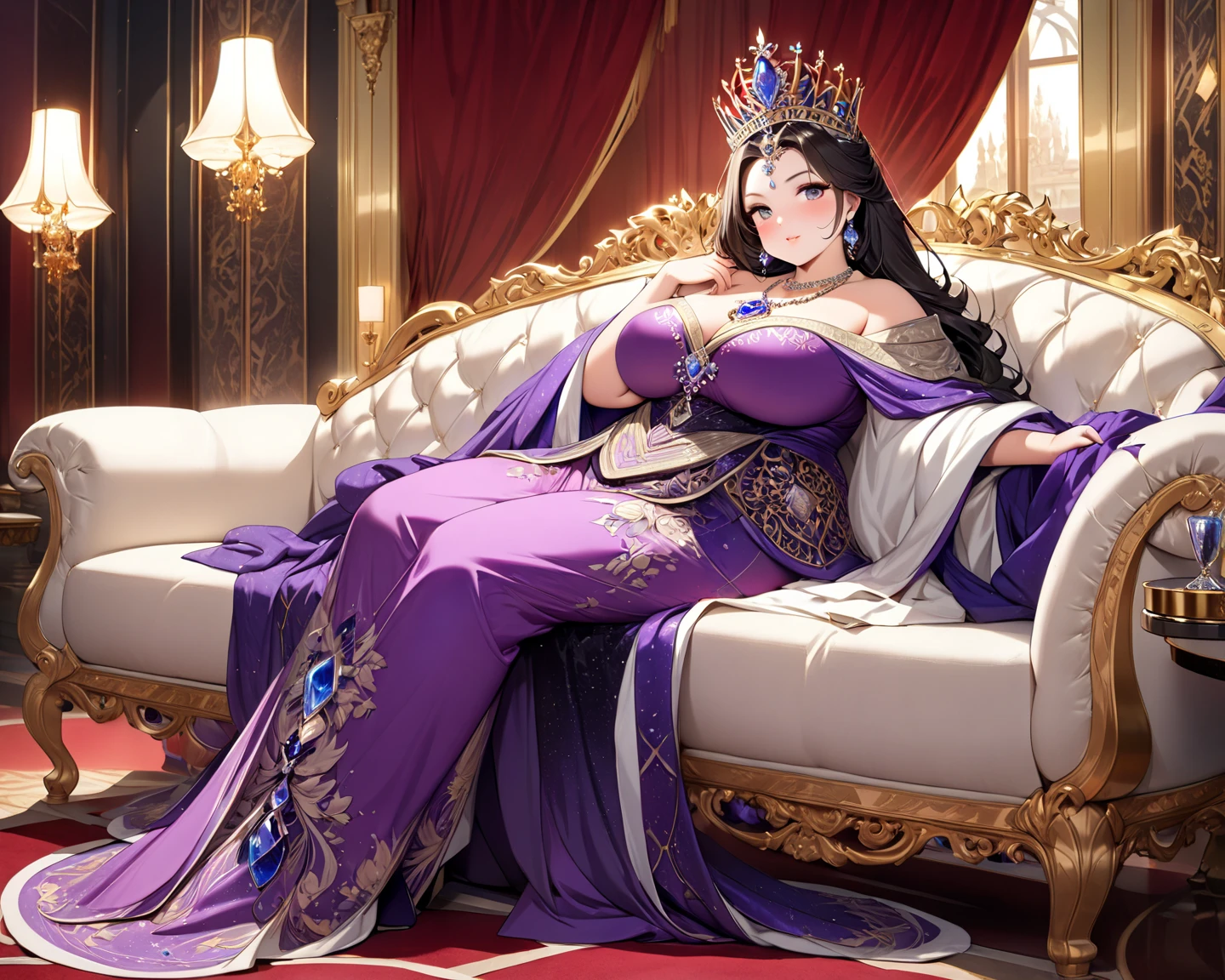 ((masterpiece)), ((best quality)), 8K, HD, Super details, (Miss), (Ancient Chinese clothing with gold trim), (Black hair shawl scattered), (emoticon closed eyes) (bedroom 1.6) (Full body display 1.4) 這件藝術品堪稱masterpiece, With the best quality and ultra-high details, captured in 8KHD. Photographic actual, actual, very detailed illustrations actual, Octane renders big breasts