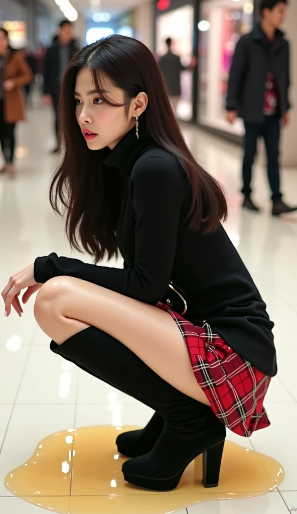 Japanese、Alphafie woman sitting on a fence wearing a red sweater and black boots, 34 year old female, wearing a red turtleneck sweater, set up perfectly, casual pose, wearing red clothes, attractive pose, shot from the side, thoughtful pose, full body shot, impressive pose, Full shot like a movie, very artistic pose, voluminous sleeves, cool pose, leaning against the wall, sitting alone'knees、Half of them are facing the viewer., sexually torn clothes, focus on the lower thighs, partial panty shot