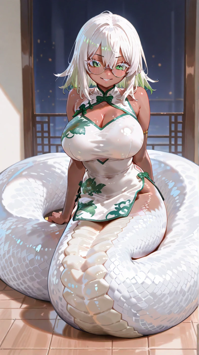 masterpiece, high quality, green skin dragon girl, brown horns, long tail with hairy tip, long black hair, black holes in shoulders, pink eyes, Tender smile, a white blouse, red jean, Brown boots