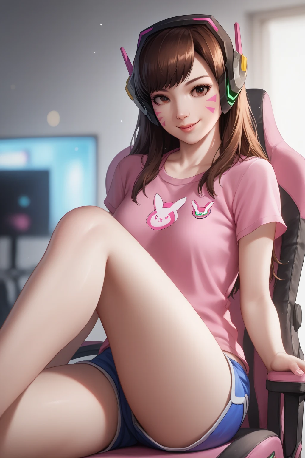 (An adorable Twitch streamer woman (pink panties labia well defined, small tshirt (slutty message) midriff exposed, bunny ear headset, big glasses, xbox controller, gaming chair) she is half heartedly playing a video game while flirting to her camera, spread legs, panty shot), dimly lit gamer room lit mainly by the monitor with loads of anime posters and anime collectibles