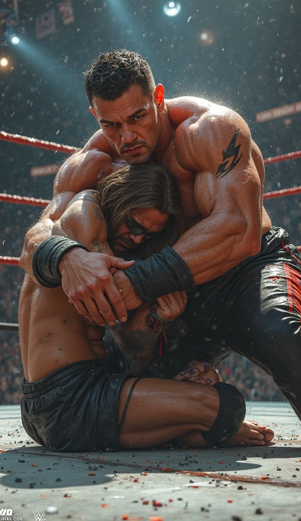 Injured brunette man in combat mode on black background in a fight