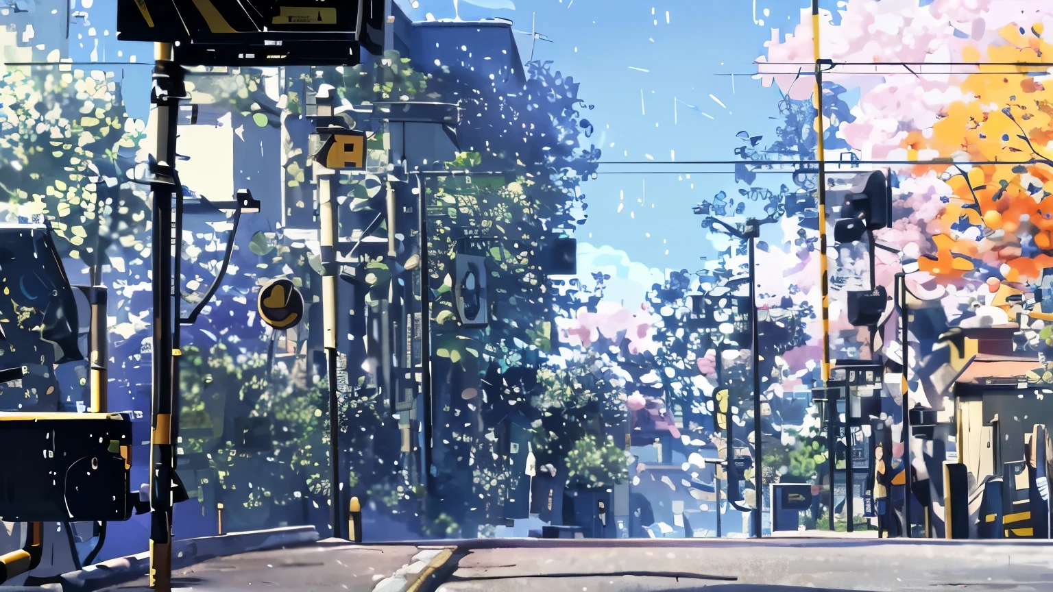 There is a picture of the street with the railroad crossing., photo of the railroad crossing breaker from the front,Beautiful Anime Scene, anime background by Shitao art, anime background by Shitao, Beautiful Animated Peace Scenes, beautiful anime scenery, ( ( Makoto Shinkai ) ), anime scenery, Studio Glibley Shinkai Makoto, Makoto Shinkai. — 2160 , Anime movie background, Shinkai Makoto's weather is rainy。,Sakura cherry blossoms are in full bloom