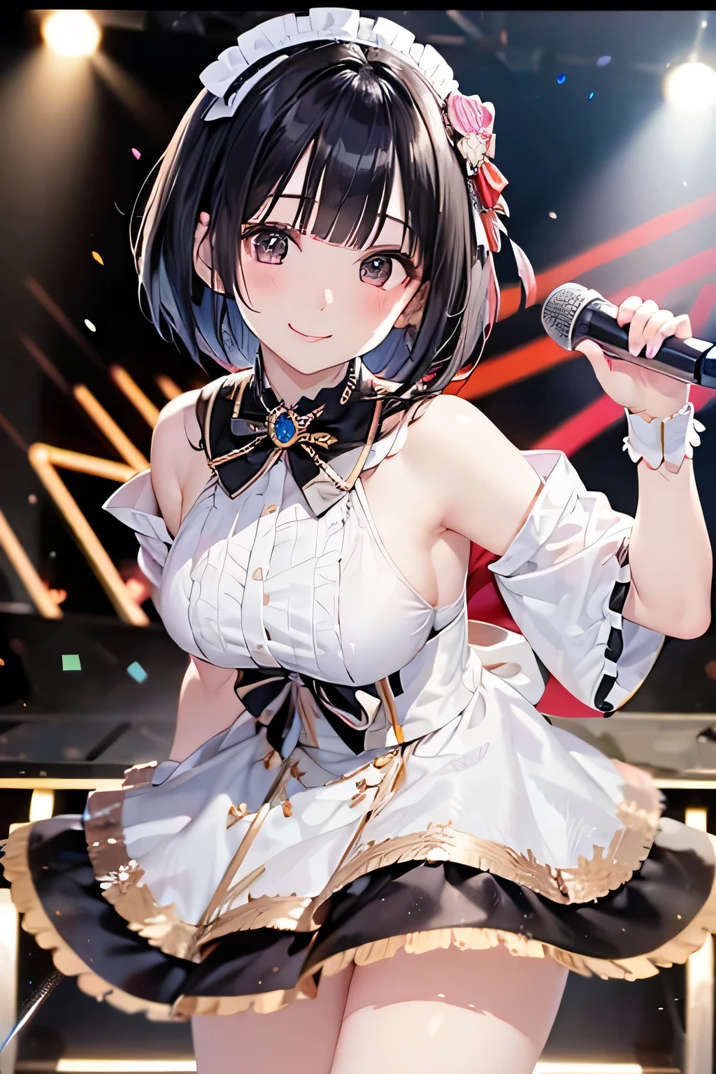 stage、beauties、black hair、bob cut、gray eyes、big smiles、japanese idol outfit