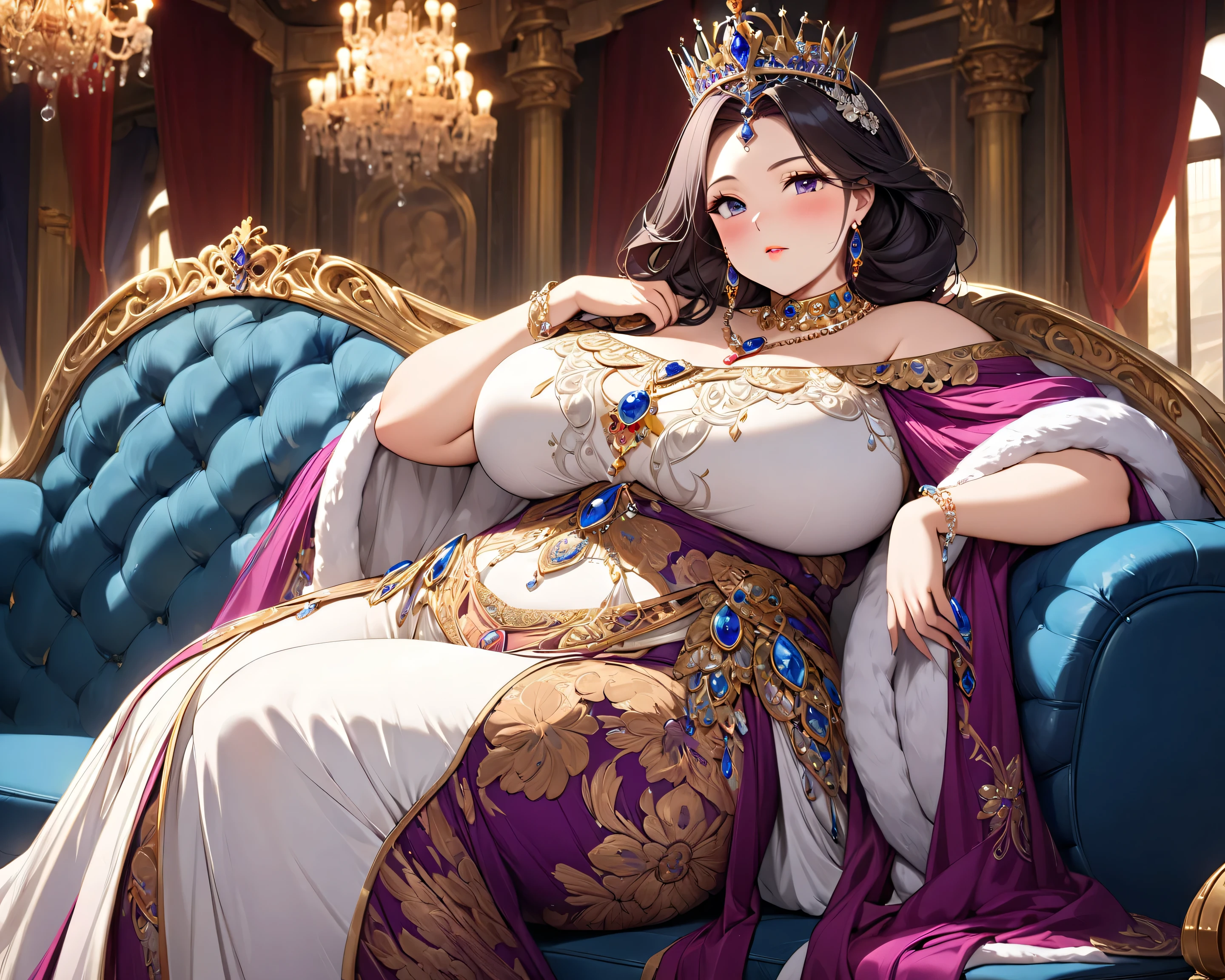 ((anime moe artstyle)),((Masterpiece)), (Best Quality), (Super Detail), Illustration, (((Very Delicate and Beautiful))),Dynamic Angle,Looking at viewer,((((Solo)))),(((Full body))),(((1 arrogant pregnant empress attending a ball wearing gorgeous black ballgown))),((((heavily pregnant)))),(standing),(((arrogant))),((angry)),(((blash))),(Purple eyes),Sharp eyes,Detailed Face, Long Eyelashes,(Jet Black Hair),((Straight Hair,Very Long Hair)),((Bangs between eyes)),((((gigantic breasts,Huge breasts,Bulging breasts,Long breasts)))),cleavage,((skindentation)),curvy,See-through,(((luxurious lace and ruffled black and gold rococo ballgown adorned with abundant jewels and gorgeous embroidery))),(((voluminous black and gold rococo dress with a flared hemline))),(fluffy rococo ball gown with gorgeous embroidery and lace),((gold trim)),(((hoop skirt))),long skirt,corset,crinoline,opera gloves,Beautifully Gorgeous jeweled big tiara,Beautifully Gorgeous gem earrings,Beautifully Gorgeous jeweled necklace,Beautifully Gorgeous jeweled ornaments,indoor,light particles,((royal ballroom)),castle ball