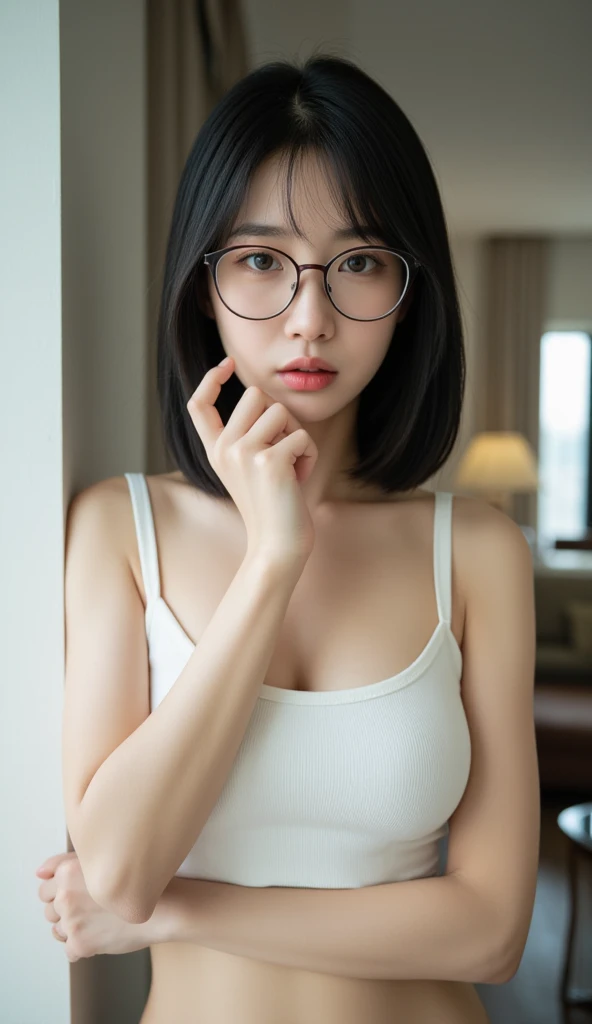 1girl, Cute, 20 years old, Look at the viewer, photo, Realistic, Hire, Detailed face, Detailed background, Diffuse lighting, Shy, black hair, Short hair,depth of field, Top quality, High Definition, UHD ,cleavage, glasses, bedroom, bed, closed eyes