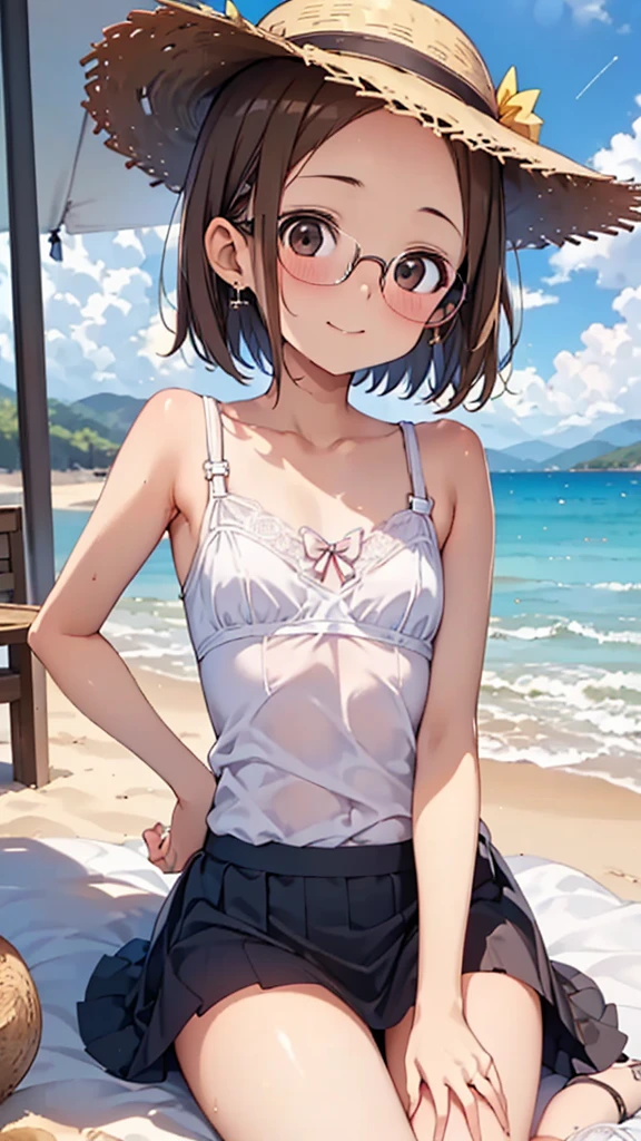 Light brown hair Small eyes freckles triangle glasses Bangs One knot hair A dull appearance Face like an old man woman Pink Swimsuit blue sea White sand beach Light of the sun