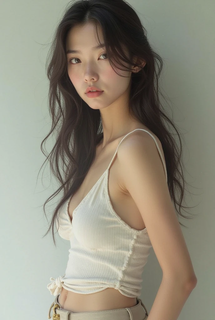 best qualtiy， tmasterpiece， 超高分辨率， （realisticlying： 1.4）， RAW photogr， 1girl， cropped shoulders， cinmatic lighting， exposed bare shoulders， brunette color hair， Yellow eyes，， Dutch angle， shift dresses， Black collar
