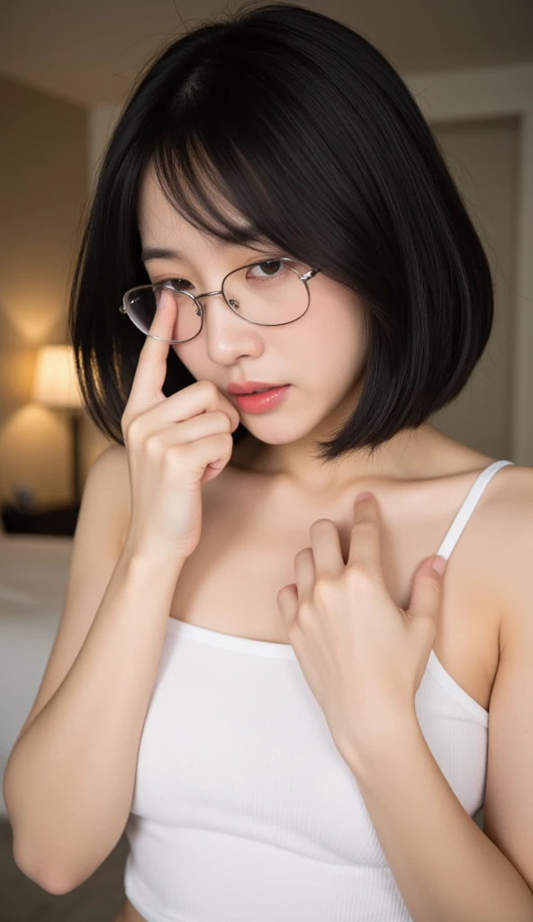 (masterpiece, highest quality, High resolution,8K, RAW images), A beautiful and simple 135 year old Japanese woman, wearing glasses, Beautiful long shiny black hair, snappy bangs, shiny face, shiny skin, Depth of written boundary, chromatic aberration, caustics, natural shading, kind, smile, Small devil,cute face, thighs, film grain, chromatic aberration, sharp focus, face light, detailed face, background bokeh, huge breasts, slender body, Sexy lace sheer dress type negligee, A realistic simple and modern bedroom at night, A dimly lit bedroom at night with thick curtains closed, full shot, Photographed at the best angle
