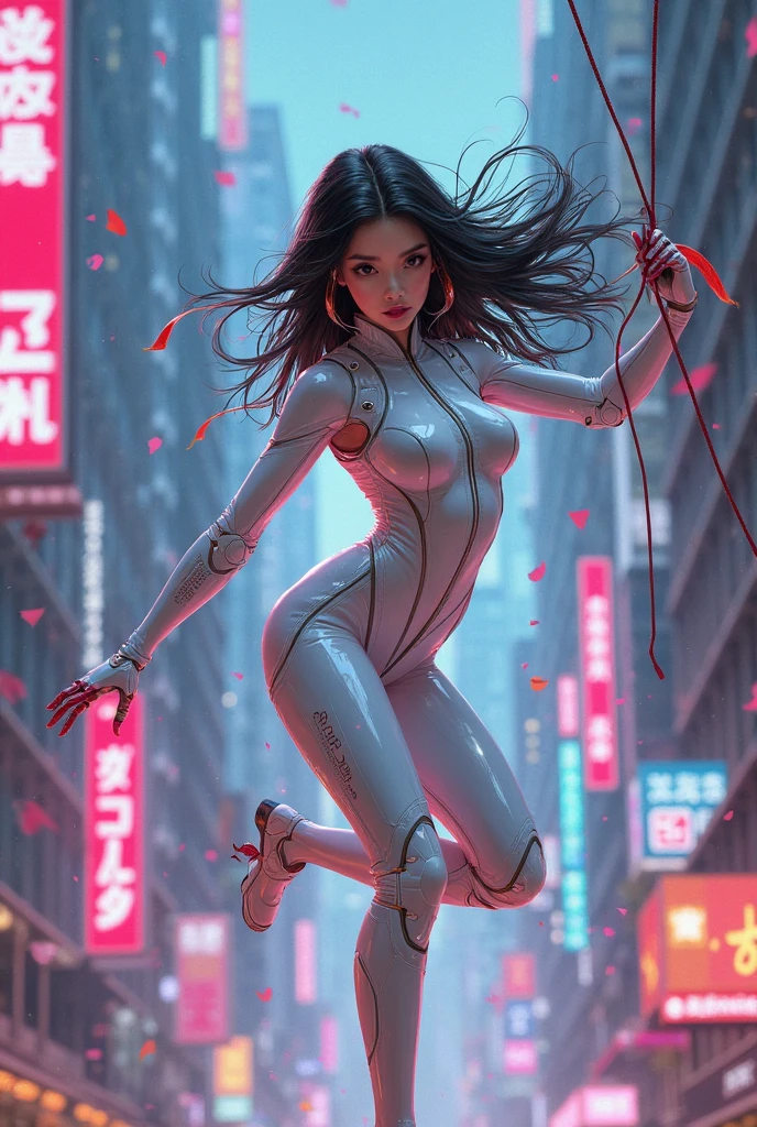 (Extreme Detail CG Unity 8K wallpaper, masterpiece, highest quality), (Exquisite lighting and shadow, highly dramatic graphics, Cinematic lens effect), (A girl in a white Spider-Man costume, from a parallel universe, city skyline in the background, dynamic pose), (excellent detail, outstanding lighting, wide angle), (excellent rendering, enough to stand out in its class)