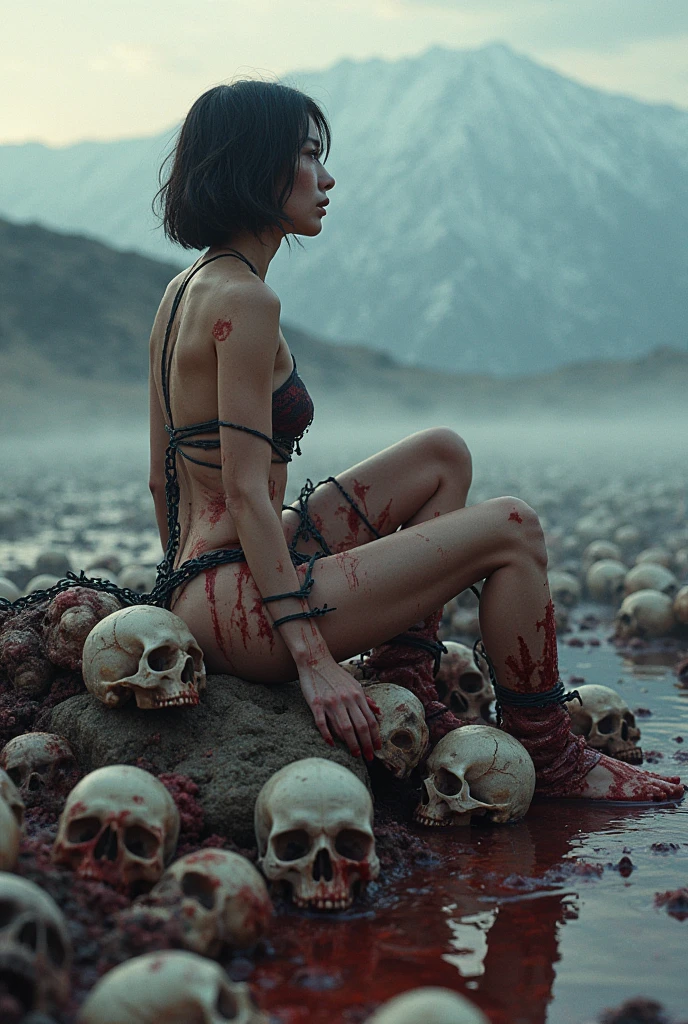 Imagine 😀, 35mm film photography, naked woman is sitting on a pile of human skulls,  her body tied-up with barbed, bloody, bleeding, pale, sadistic, barbed wire, bleeding, sitting position as if being executed, surrounded by many human skulls, scattered like after a massacre, surrounded by crows, underneath a pool of bloody water, in the middle of the desert, hands and feet tied with barbed, body full of wounds, sensual body, big breasts, short wavy hair, beautiful Asian woman, tied with barbed, in the sahara desert, showing a scary atmosphere, with many human corpses, dusk, fog, rain, very realistic, very realistic