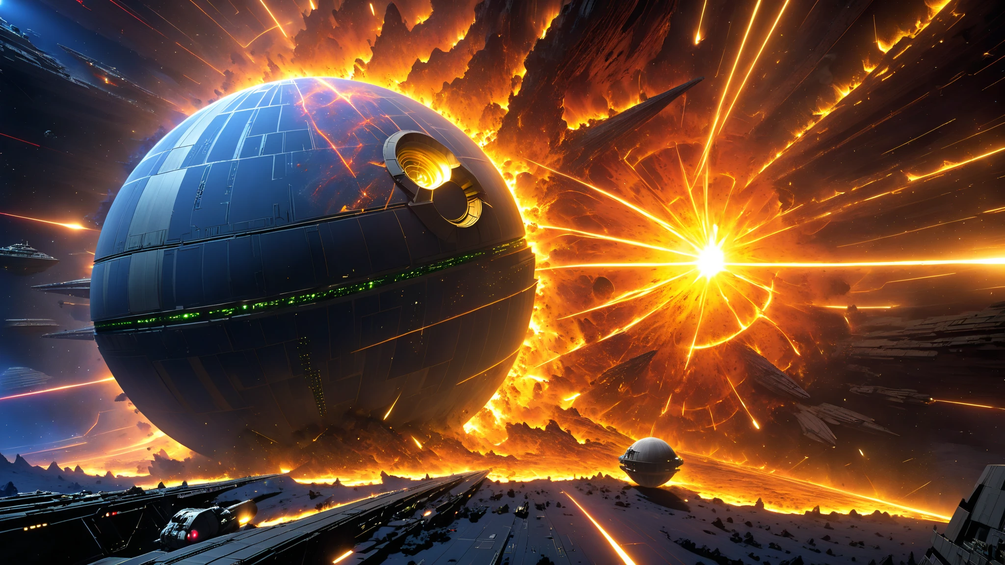 The Death Star (shiny metal surface with hexagonal laser channels) fires a cybercrystal-penetrated superlaser (ultramarine blue energy core + green refractive patterns) on a terrestrial planet. - explosion moment: The planet shows radial fragmentation (glowing tectonic plates + Lava fountains), } surrounded by a shock wave ring (gold-red plasma radiation). - light dramaturgy: hard Illumination due to laser reflections on the Death Star skeleton × soft glow from the explosion. - Background: 3 imperial star destroyers (sharp-edged silhouettes) + crystalline debris cloud with rebel escape capsules (tiny yellow flashing lights).