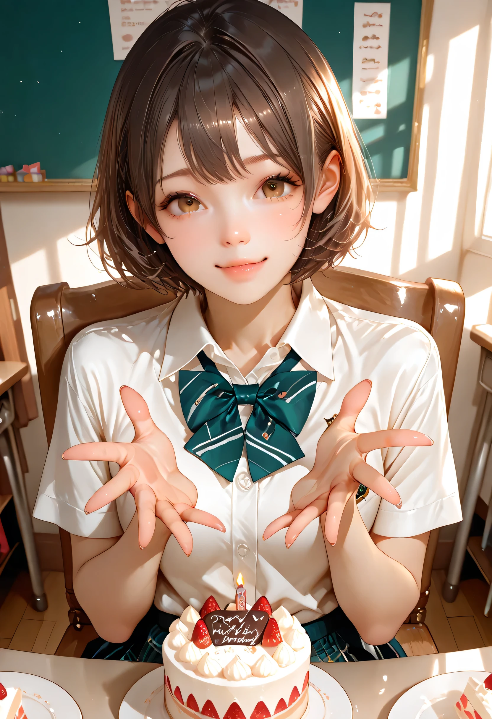 ultra detailed realistic girl half body celebrating birthday and cake, brown short hair, brown eyes, school uniform outfit, background, ray tracing, short hair, sitting in a chair in a bedroom