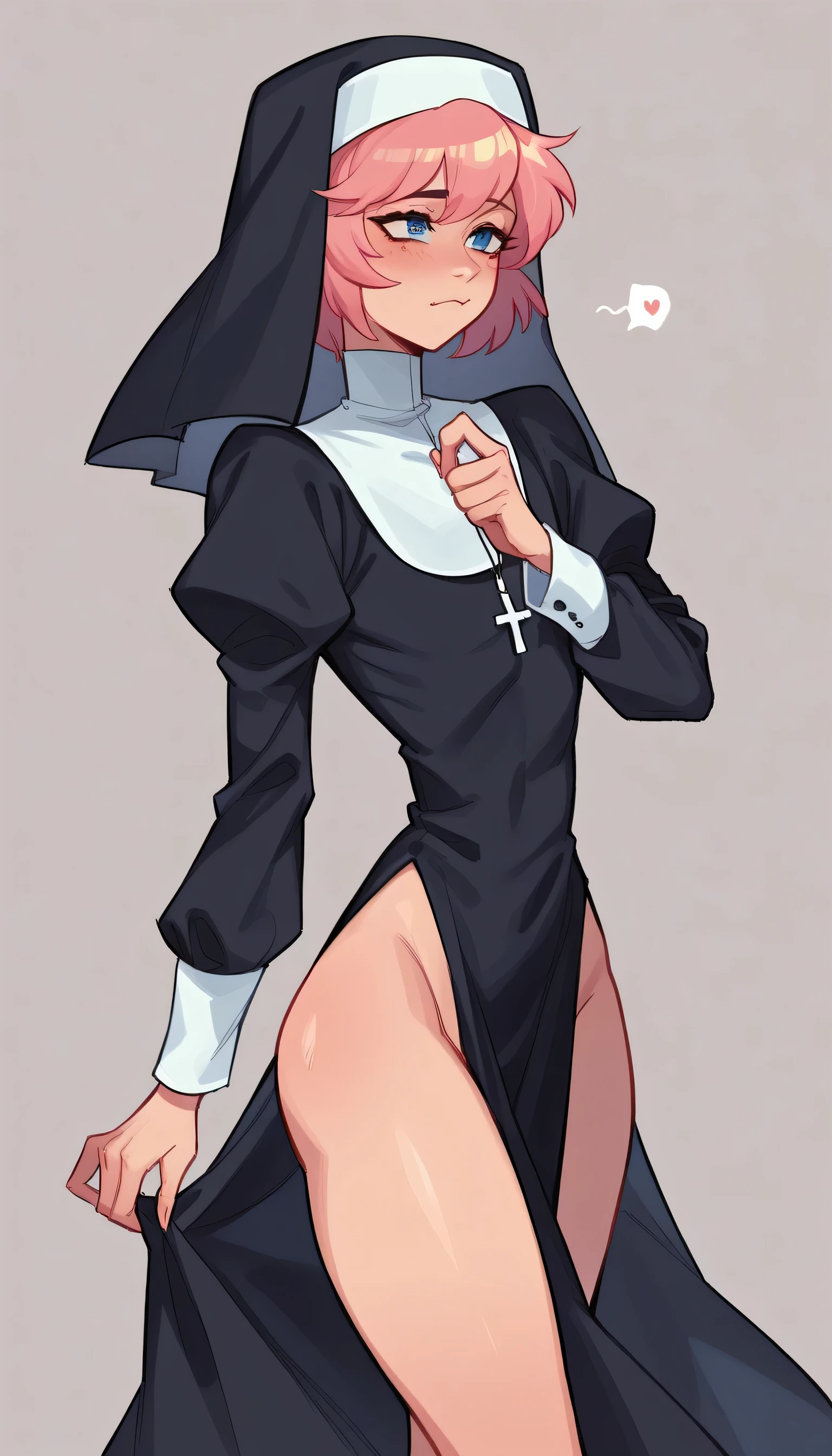 better quality, very detailed illustration girl, long ruffled voluminous bouncy hair , playful look, delgado, ideal body, thin waist , wide hips, simple drawing, Artifyber style , pastel flat colors , nun outfit, sexy, close up, femboy